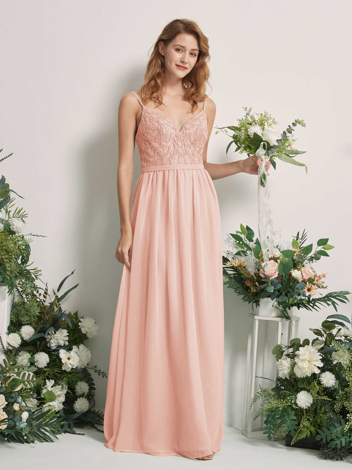Carlyna Vestido Línea A Escote en V Hasta el suelo Fruncido Dama de honor Rosa Perla 