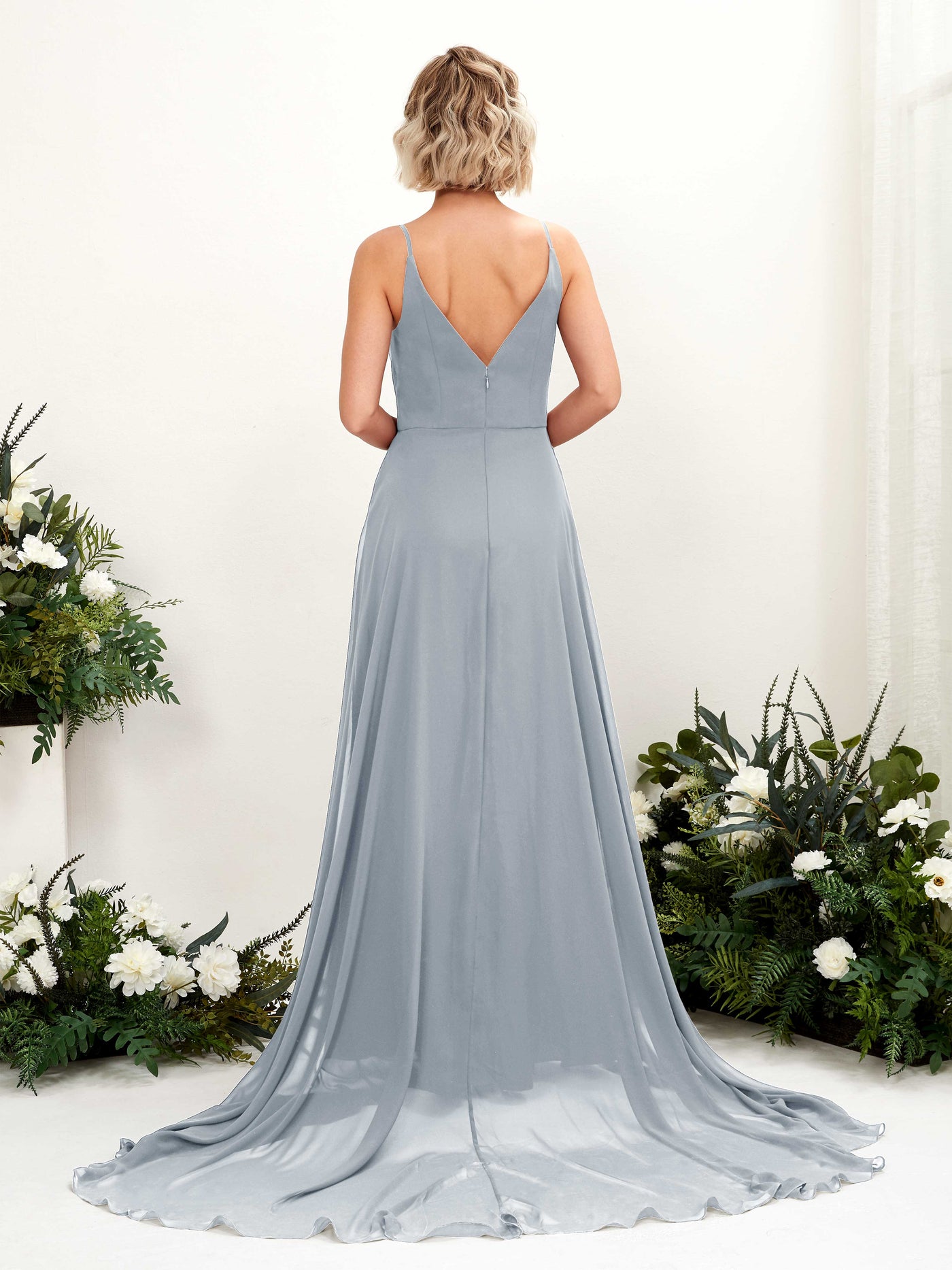 Carlyna Vestido línea A escote en V hasta el suelo gasa dama de honor Azul Empolvado Mejorado #color_azul-empolvado-mejorado