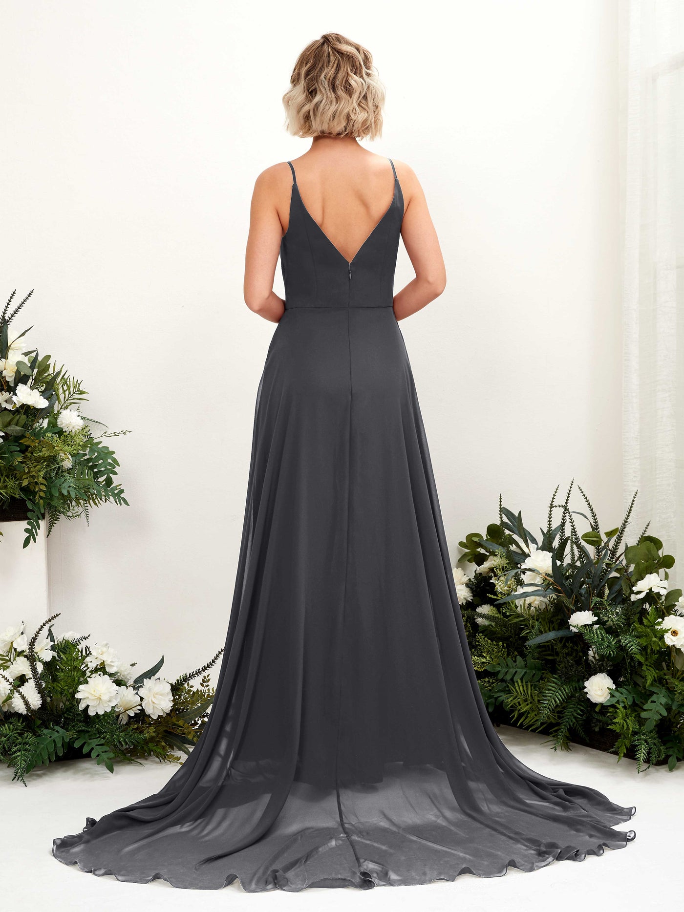 Carlyna Vestido línea A escote en V hasta el suelo gasa dama de honor Peltre #color_peltre