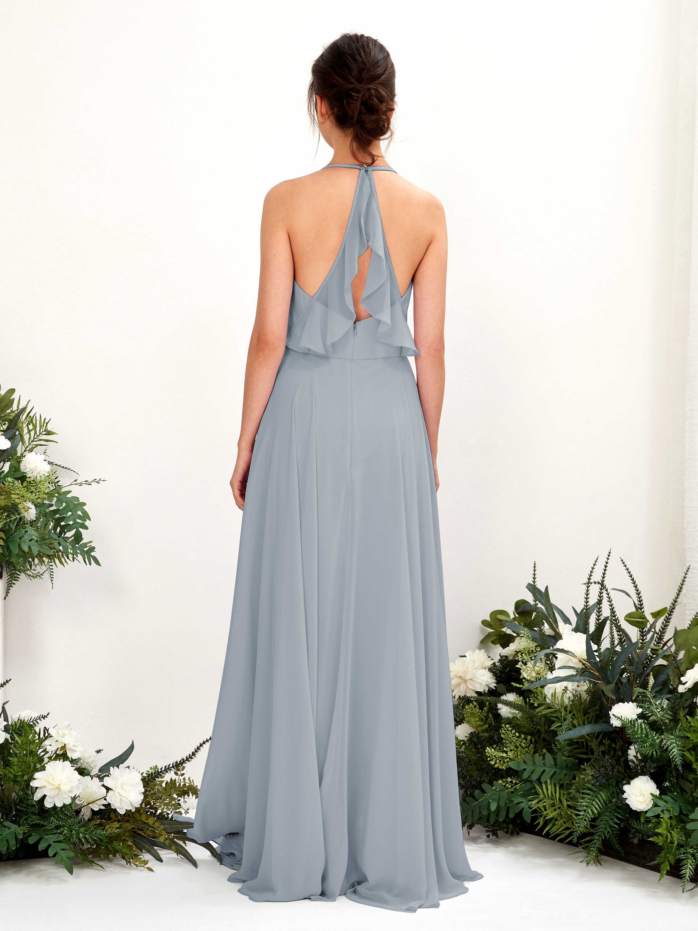 Carlyna Vestido Línea A Escote en V Hasta el suelo Hendidura de pierna Dama de honor Azul Empolvado Mejorado #color_azul-empolvado-mejorado