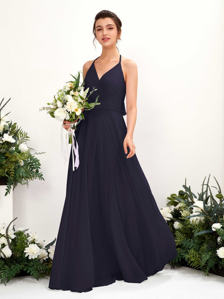 Carlyna Vestido Línea A Escote en V Hasta el suelo Hendidura de pierna Dama de honor Azul Marino Oscuro 