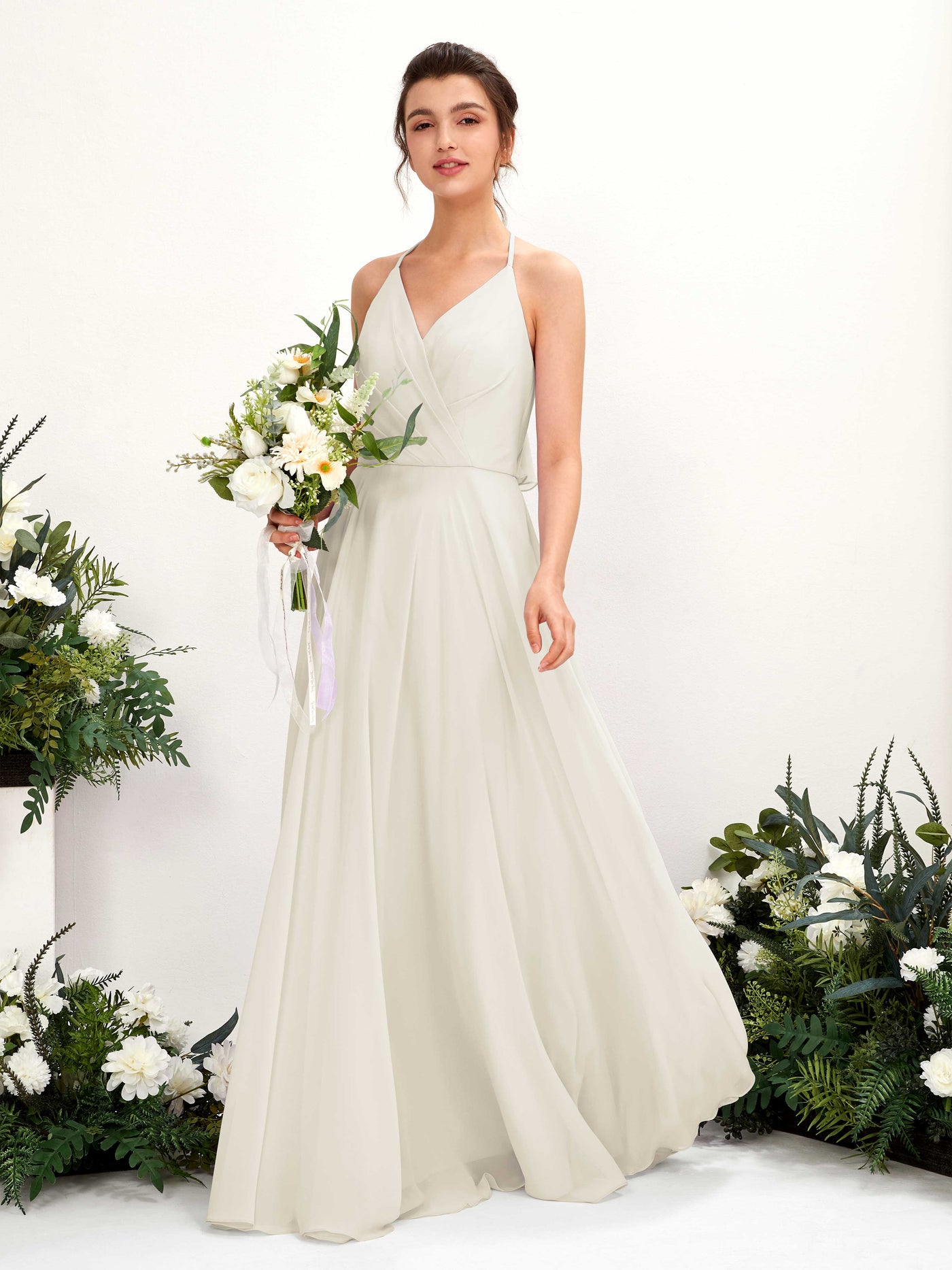 Carlyna Vestido Línea A Escote en V Hasta el suelo Hendidura de pierna Dama de honor Marfil #color_marfil