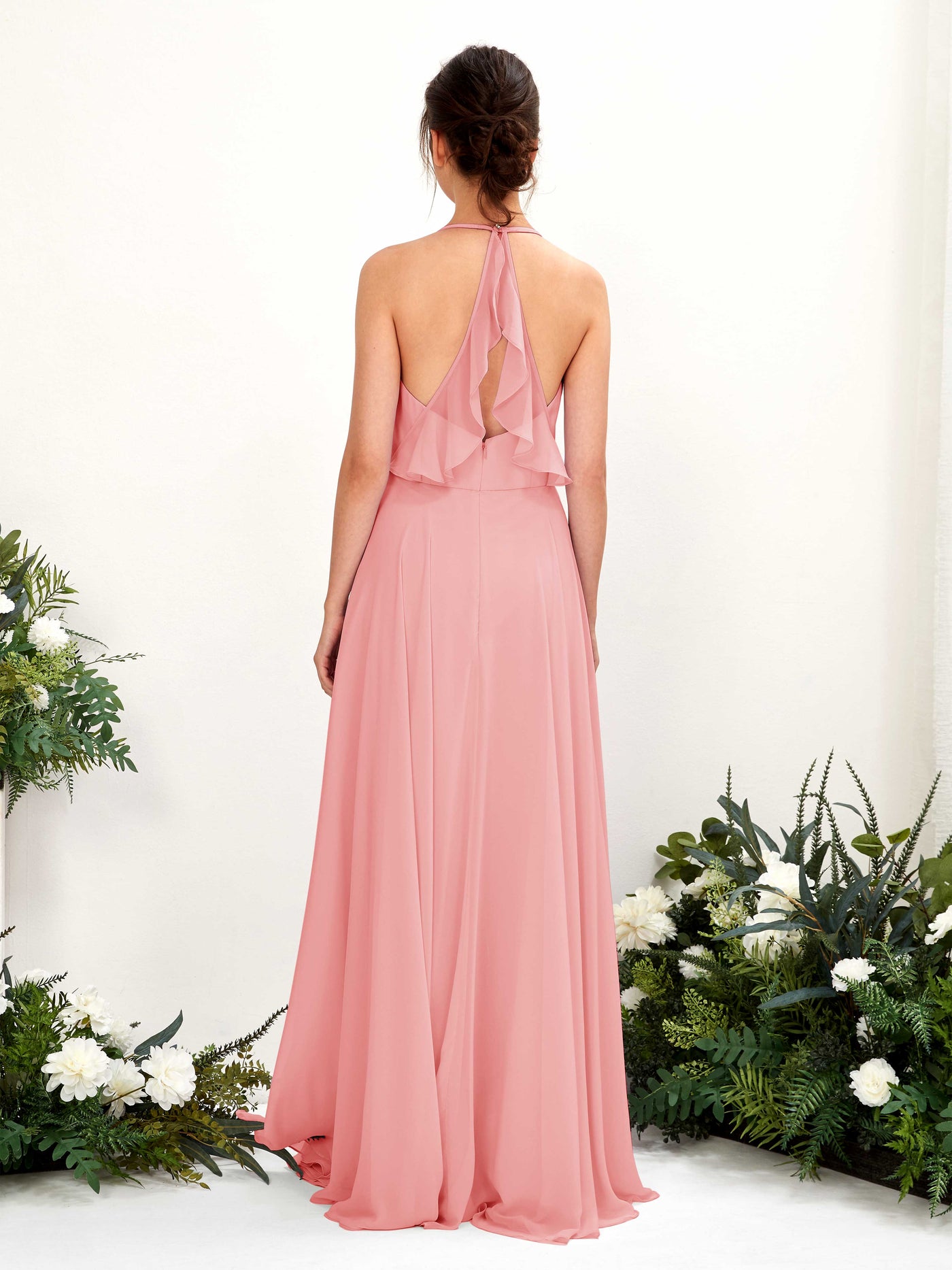 Carlyna Vestido Línea A Escote en V Hasta el suelo Hendidura de pierna Dama de honor Rosa Ballet #color_rosa-ballet