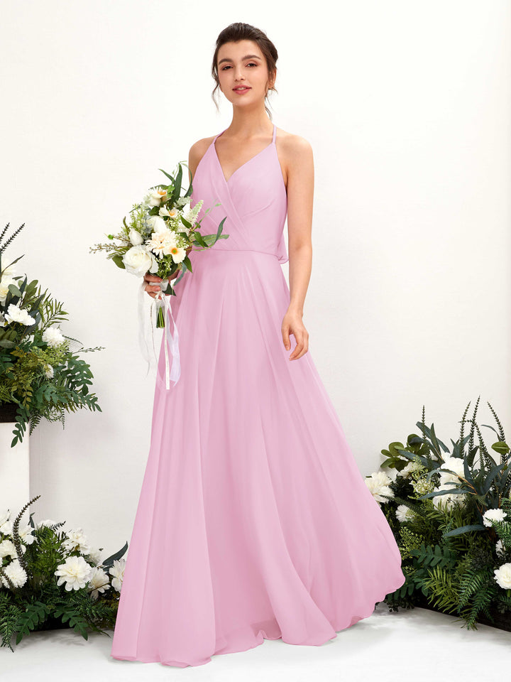 Carlyna Vestido Línea A Escote en V Hasta el suelo Hendidura de pierna Dama de honor Rosa Caramelo 