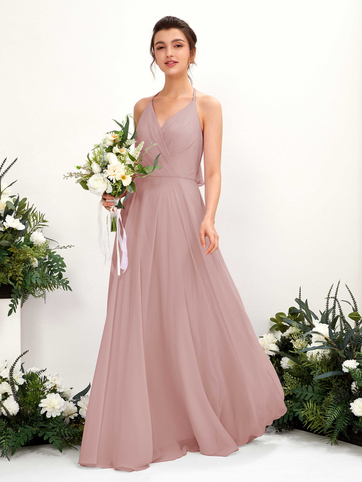 Carlyna Vestido Línea A Escote en V Hasta el suelo Hendidura de pierna Dama de honor Rosa Polvorienta #color_rosa-polvorienta