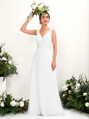 Carlyna Vestido línea A escote en V hasta el suelo vestido de dama de honor Blanco #color_blanco
