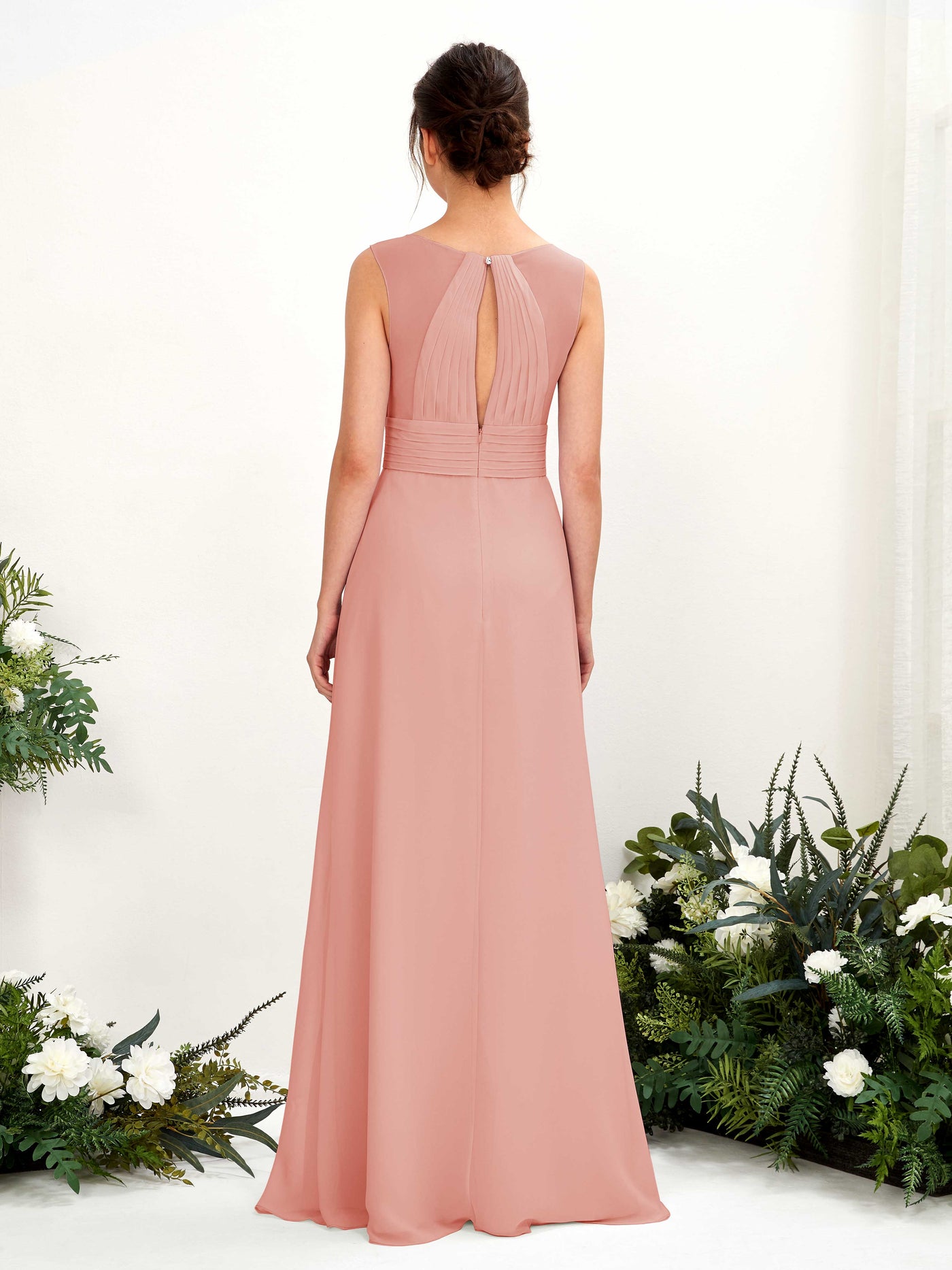 Carlyna Vestido línea A escote en V hasta el suelo vestido de dama de honor Rosa Champán #color_rosa-champ-n