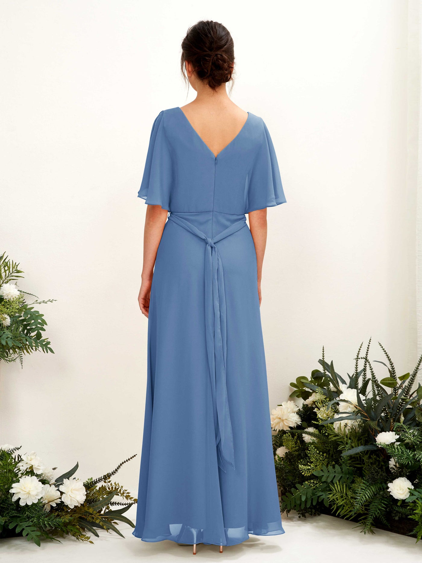 Carlyna Vestido Línea A Escote en V Manga Capa Hasta el suelo Dama de honor Azul polvoriento #color_azul-polvoriento