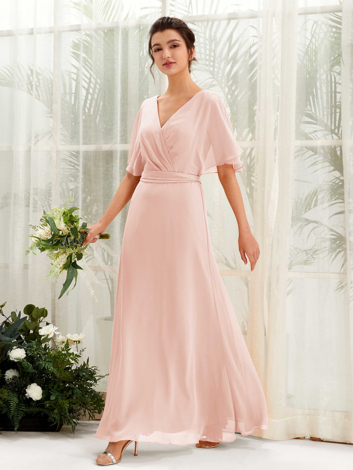 Carlyna Vestido Línea A Escote en V Manga Capa Hasta el suelo Dama de honor Rosa Perla #color_rosa-perla