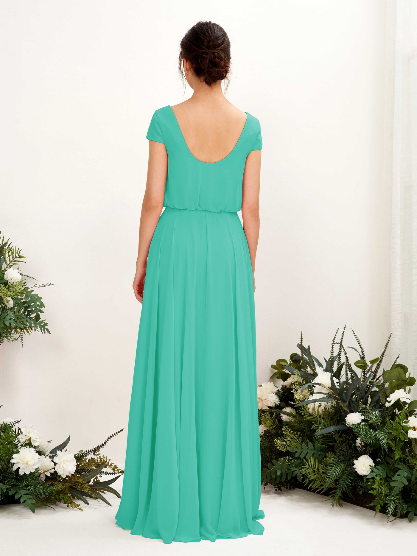 Carlyna Vestido Línea A escote en V manga casquillo hasta el suelo dama de honor Azul Tiffany #color_azul-tiffany