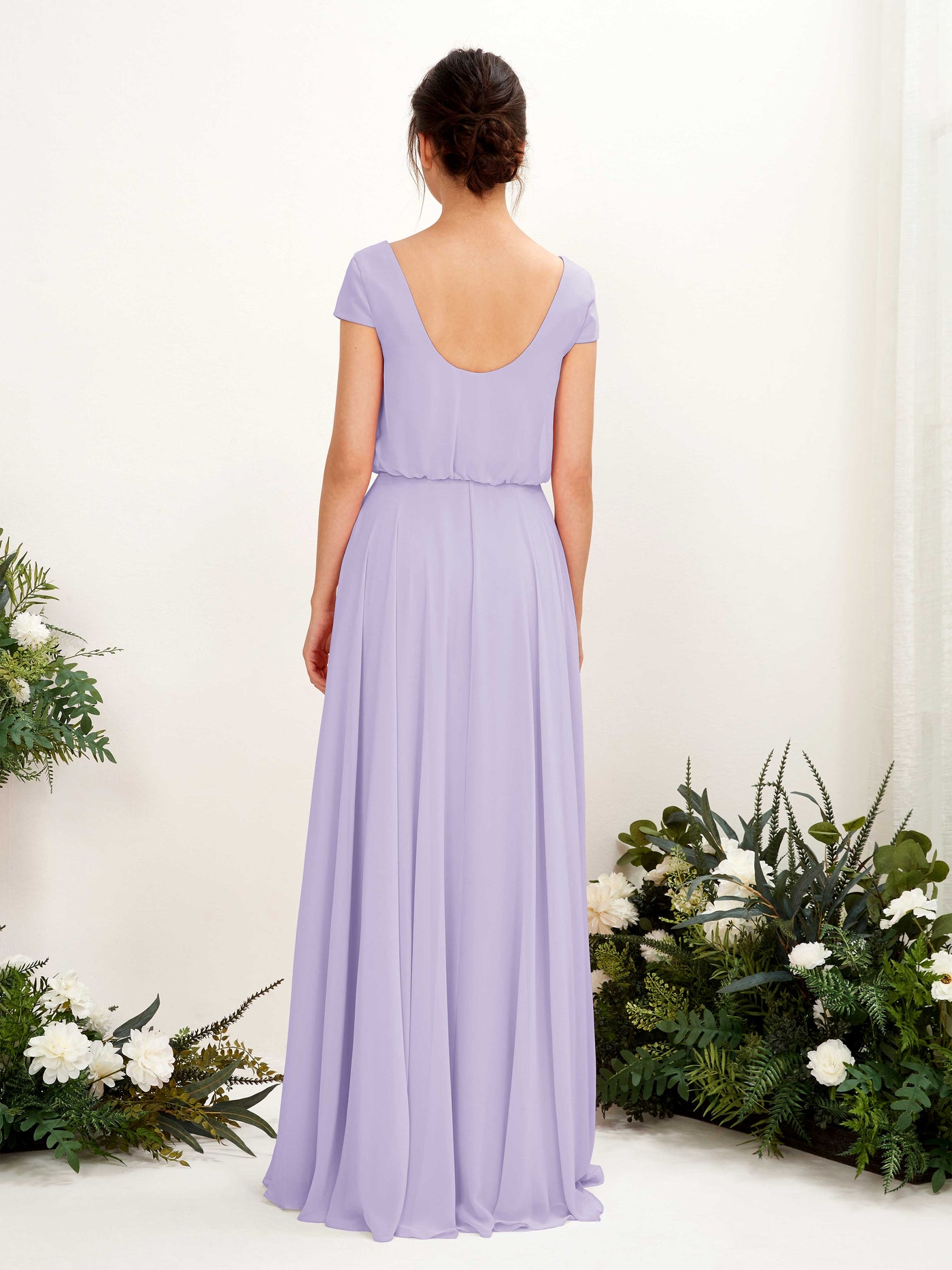 Carlyna Vestido Línea A escote en V manga casquillo hasta el suelo dama de honor Lila #color_lila