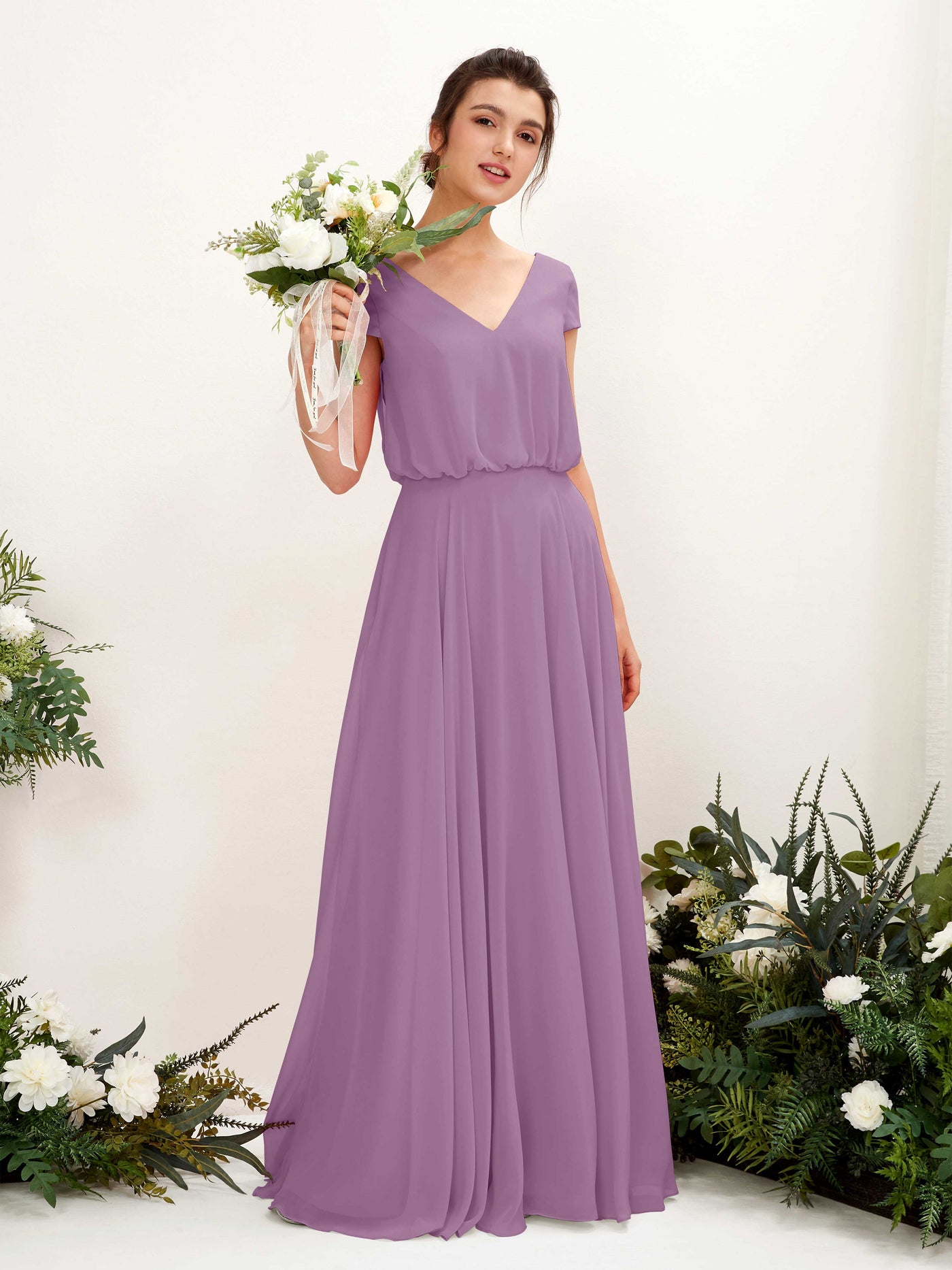 Carlyna Vestido Línea A escote en V manga casquillo hasta el suelo dama de honor Niebla Orquídea #color_niebla-orqu-dea