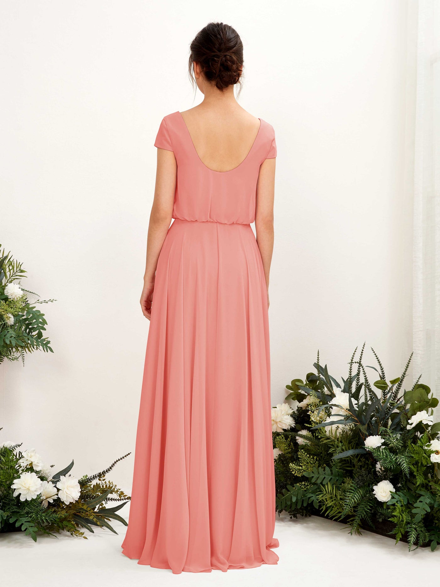 Carlyna Vestido Línea A escote en V manga casquillo hasta el suelo dama de honor Rosa Melocotón #color_rosa-melocot-n