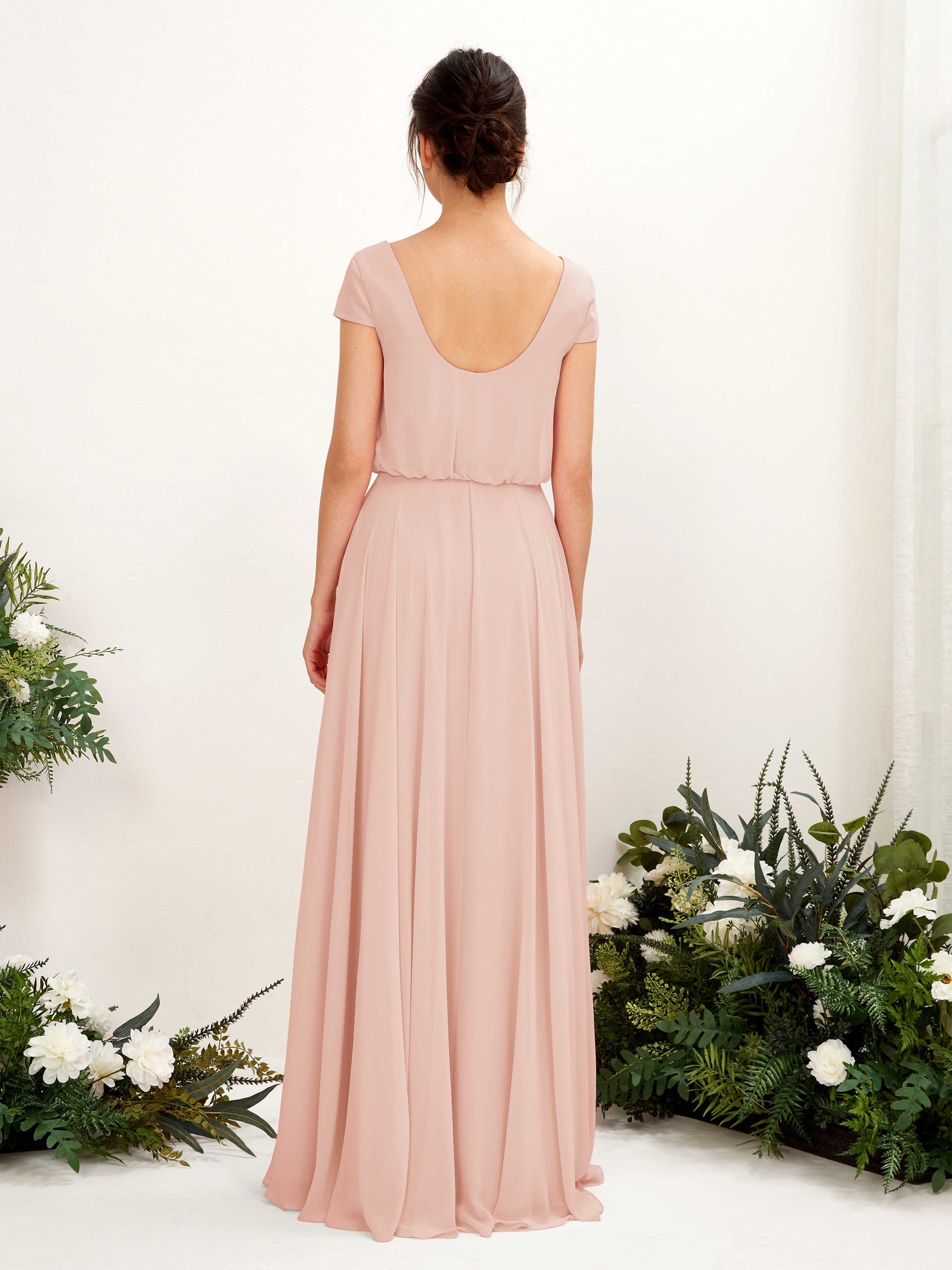 Carlyna Vestido Línea A escote en V manga casquillo hasta el suelo dama de honor Rosa Perla #color_rosa-perla
