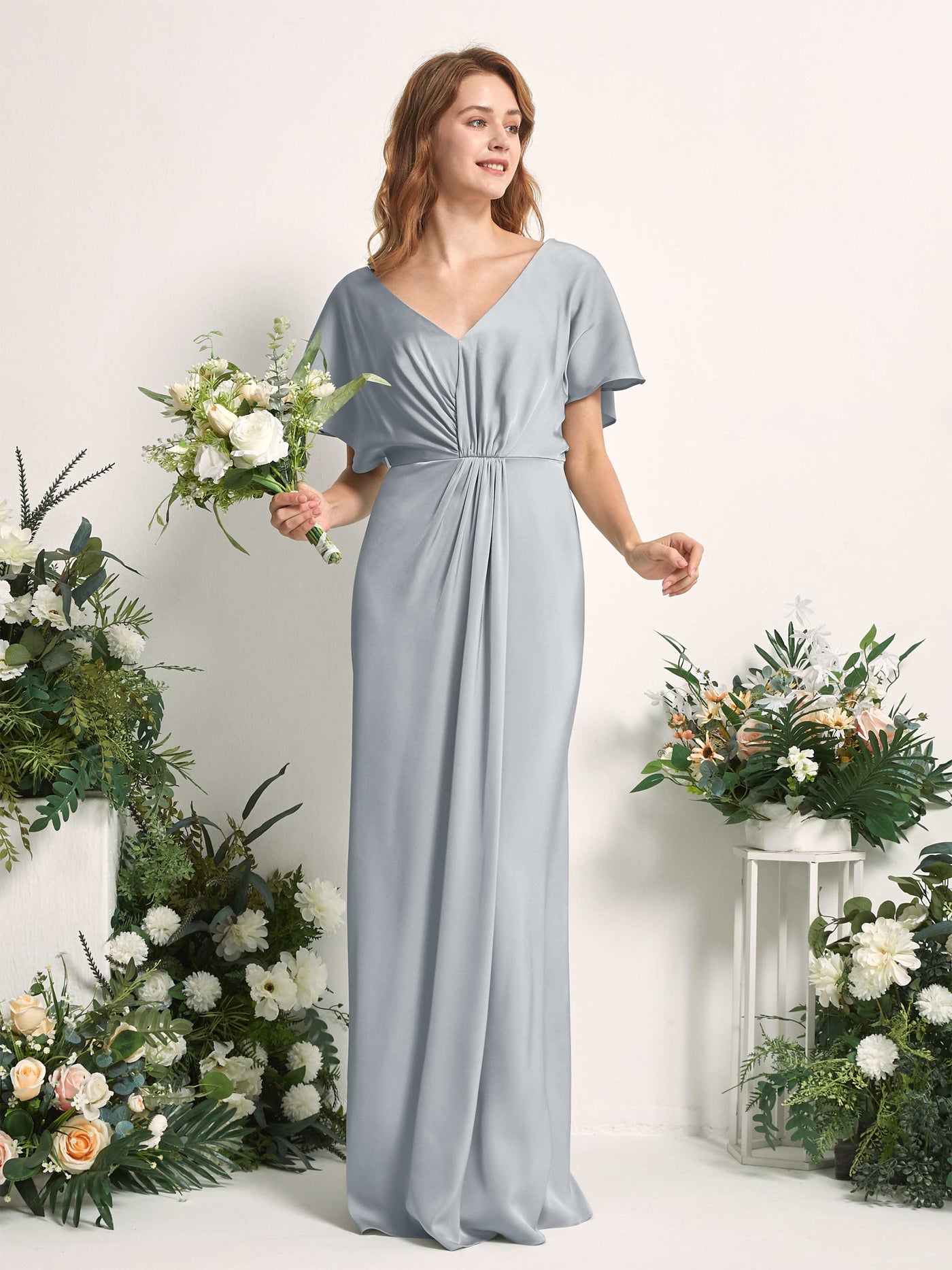 Carlyna Vestido línea A escote en V manga con vuelo hasta el suelo dama de honor Azul Bebé #color_azul-beb