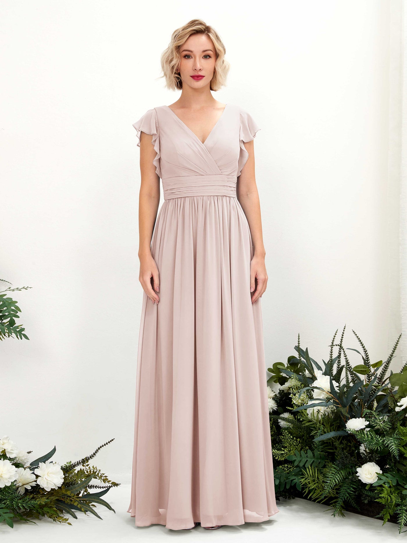 Carlyna Vestido Línea A Escote en V Manga con vuelo Hasta el suelo Dama de honor Biscotti #color_biscotti