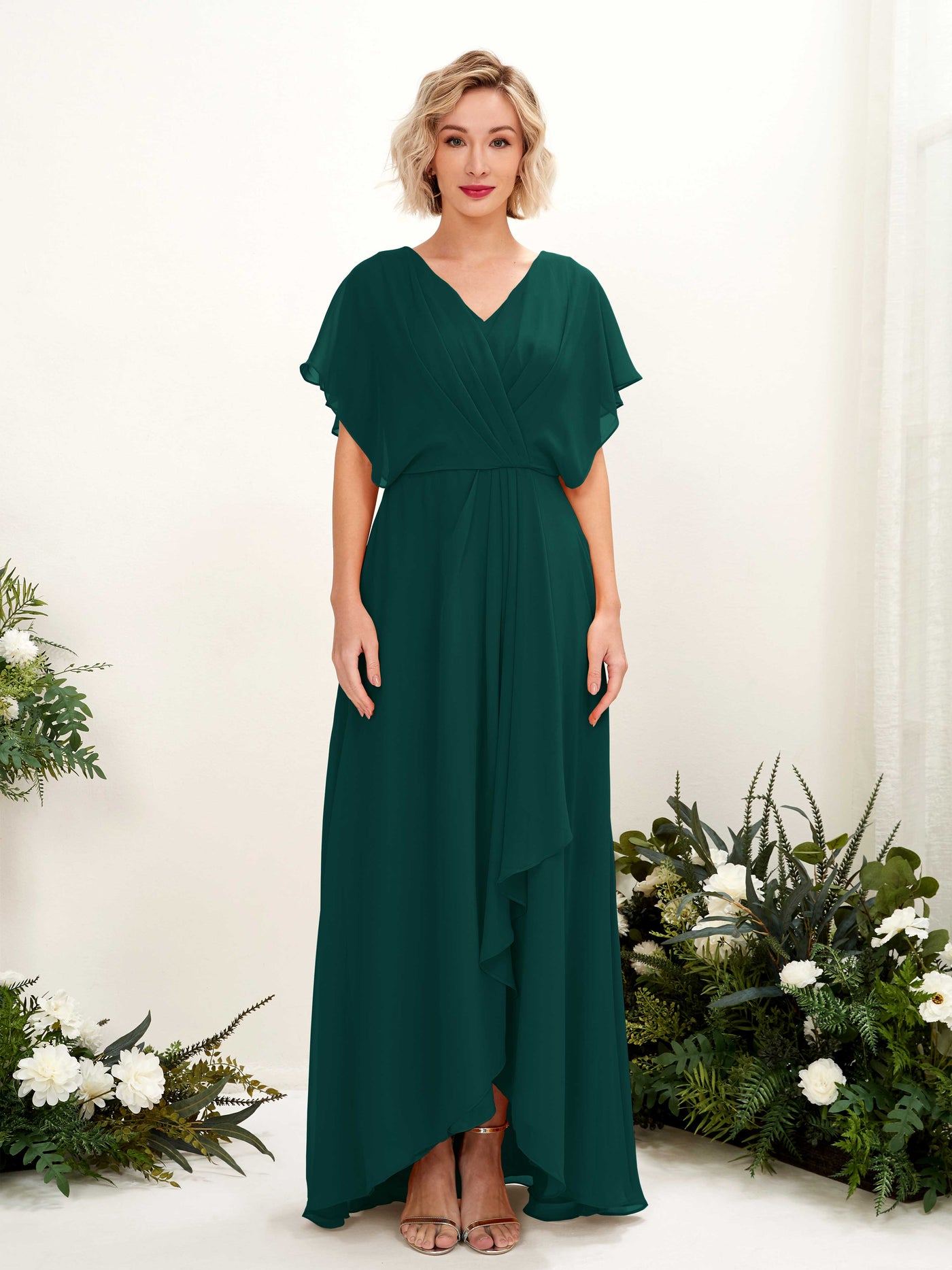 Carlyna Vestido Línea A Escote en V Manga con vuelo Hasta el suelo Dama de honor Esmeralda Oscuro #color_esmeralda-oscuro