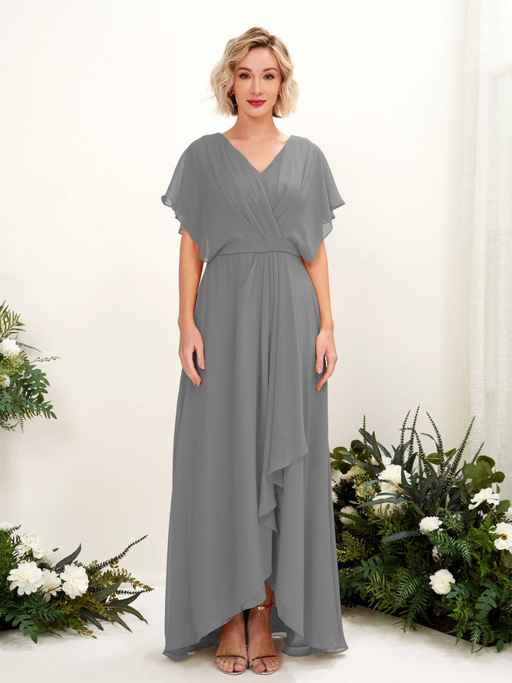 Carlyna Vestido Línea A Escote en V Manga con vuelo Hasta el suelo Dama de honor Gris Acero 