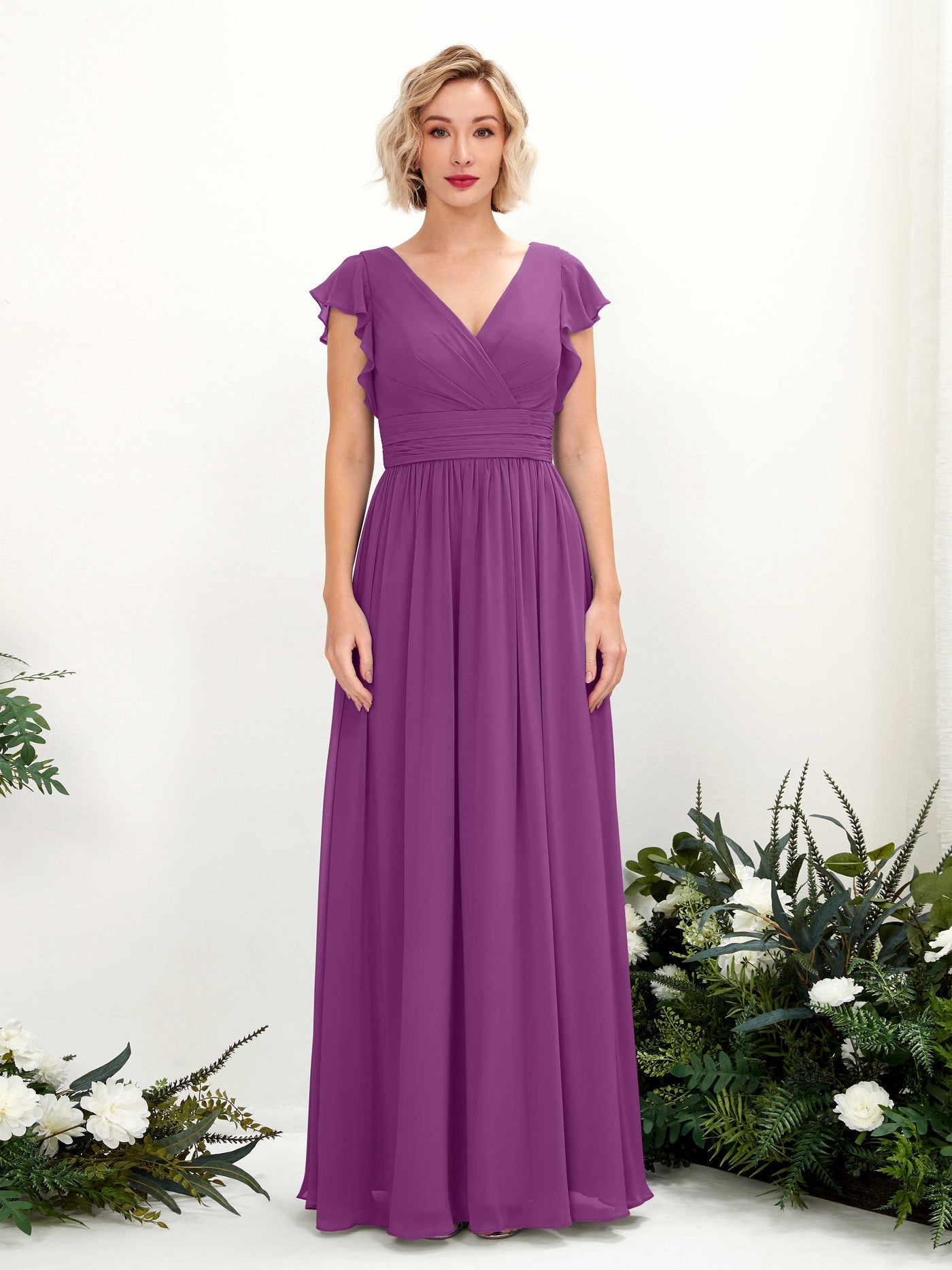 Carlyna Vestido Línea A Escote en V Manga con vuelo Hasta el suelo Dama de honor Púrpura #color_p-rpura