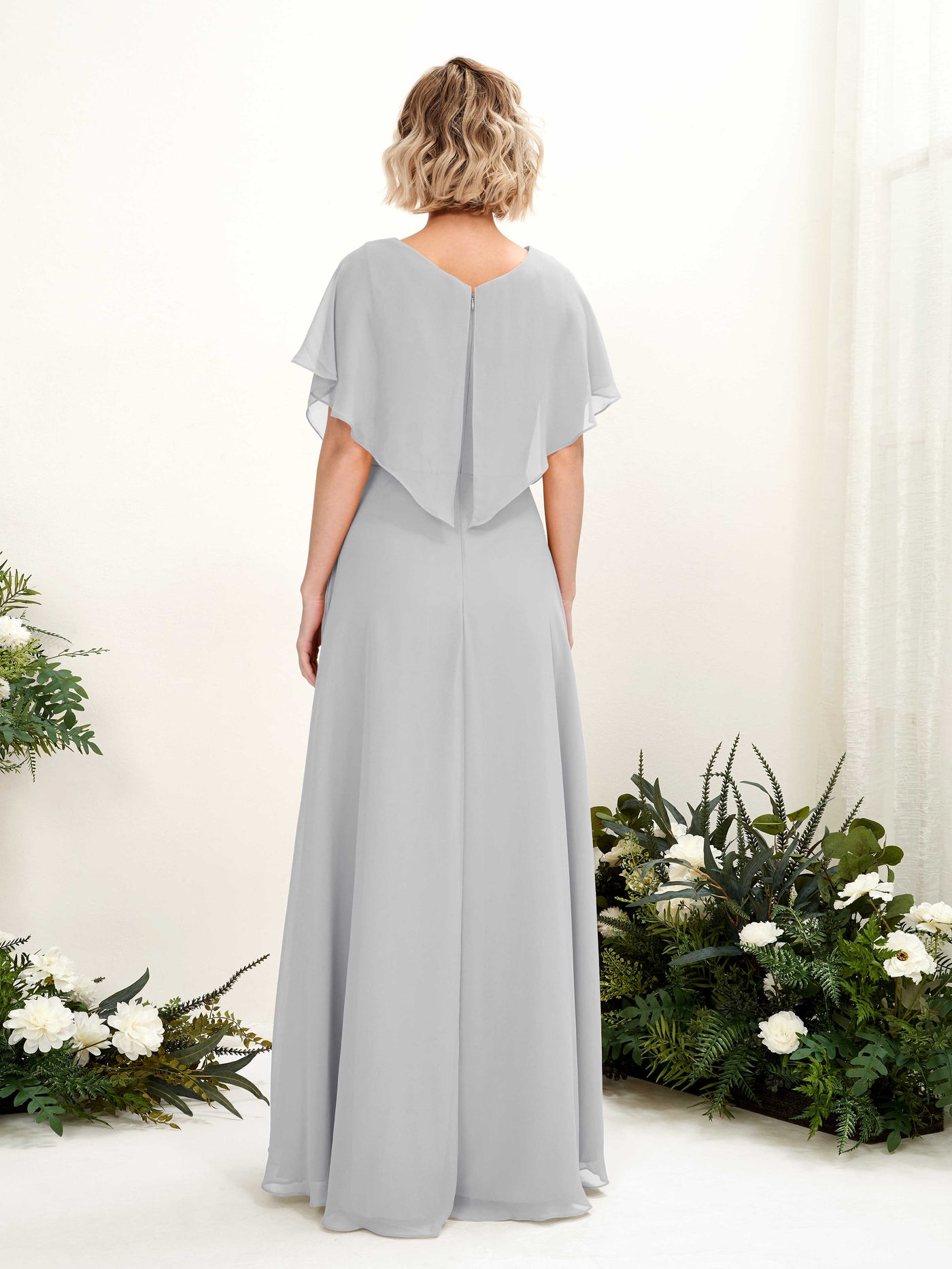 Carlyna Vestido Línea A Escote en V Manga con vuelo Hasta el suelo Dama de honor Plata #color_plata