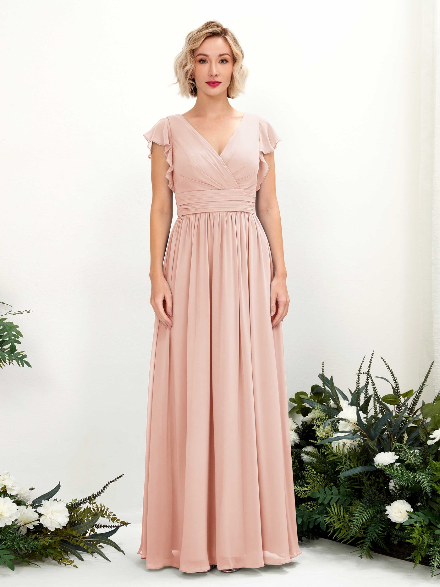 Carlyna Vestido Línea A Escote en V Manga con vuelo Hasta el suelo Dama de honor Rosa Perla #color_rosa-perla