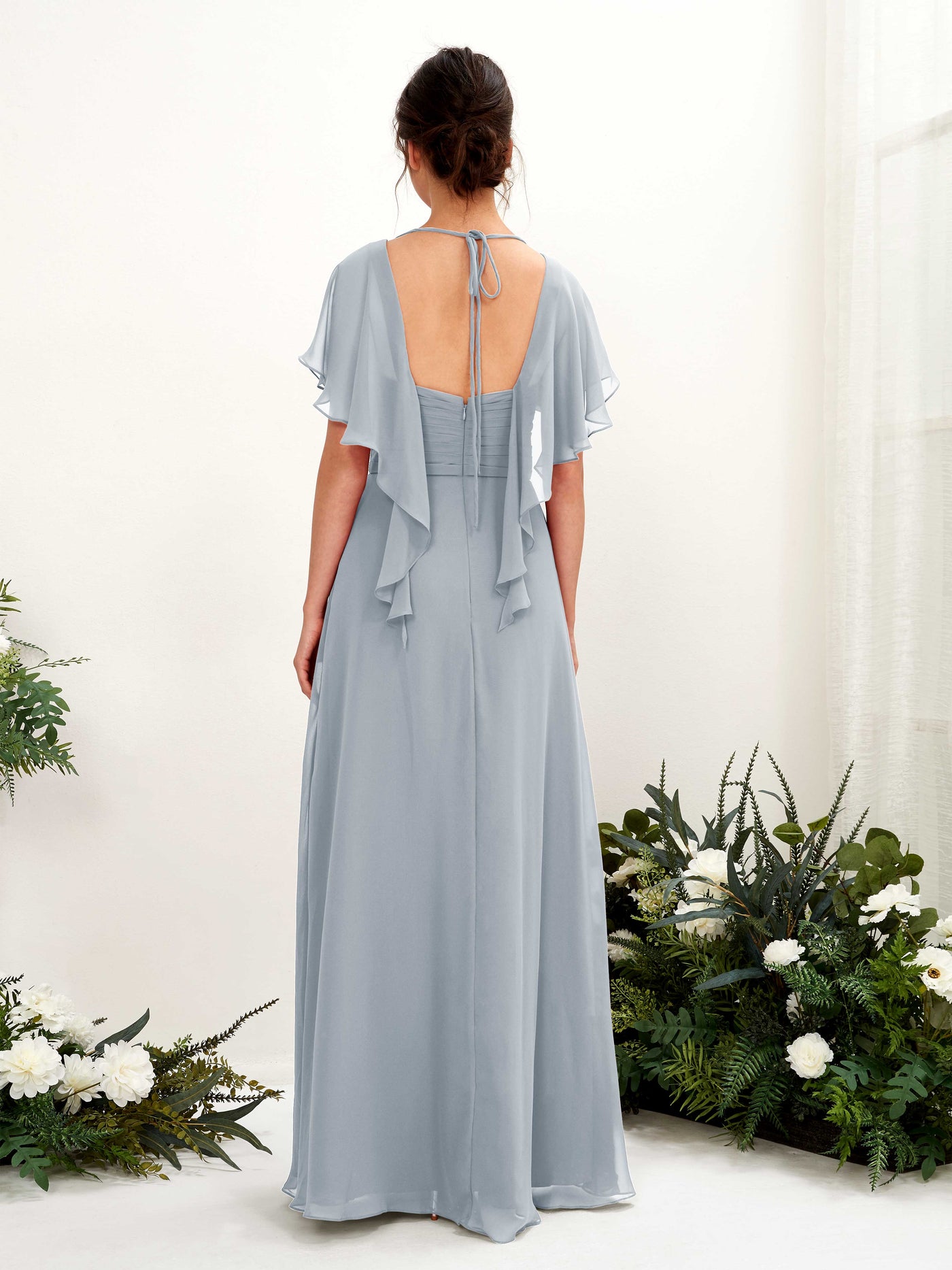 Carlyna Vestido línea A escote en V manga con vuelo vestidos de dama de honor Azul Empolvado Mejorado #color_azul-empolvado-mejorado