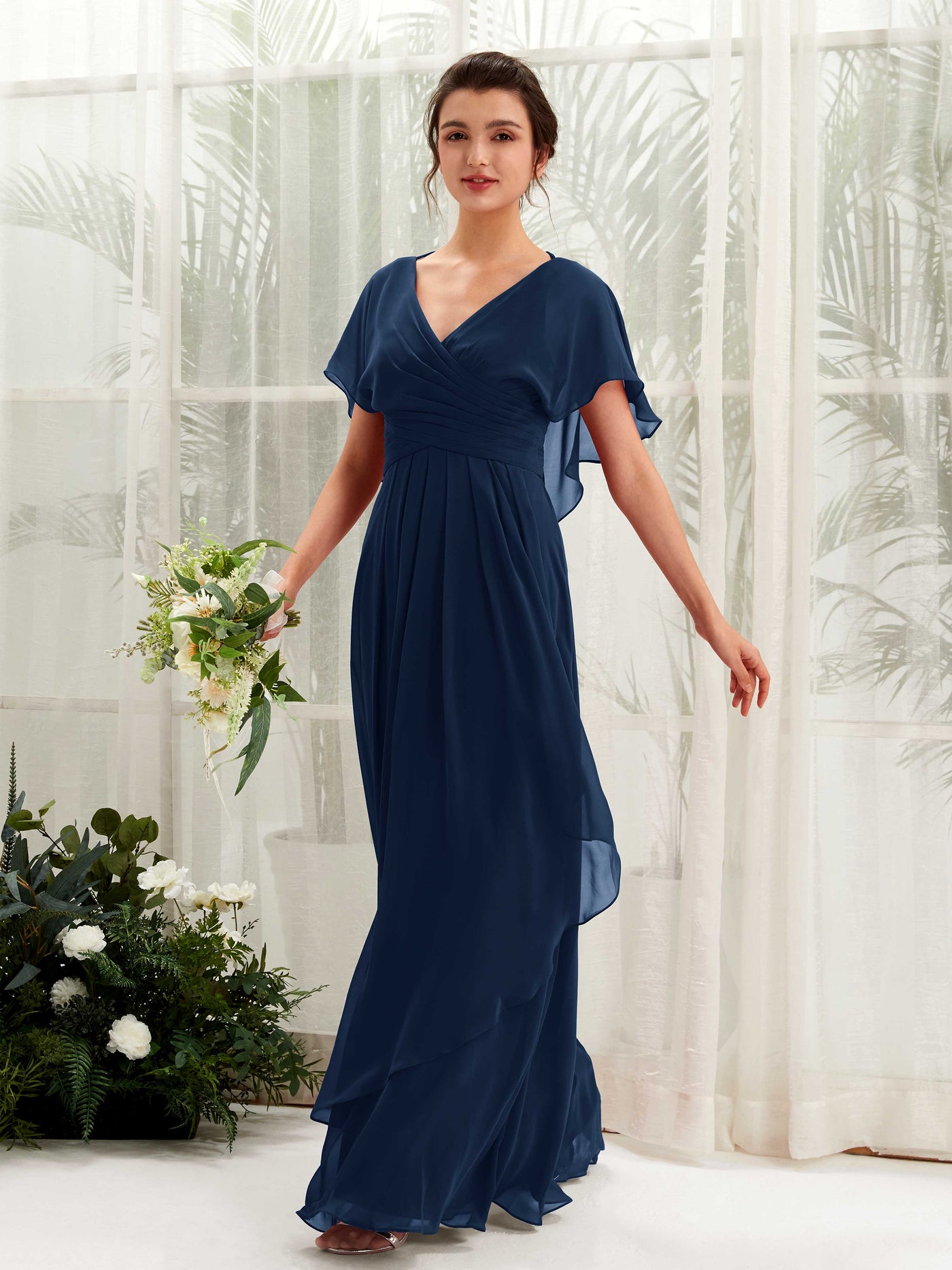 Carlyna Vestido línea A escote en V manga con vuelo vestidos de dama de honor Azul Marino #color_azul-marino