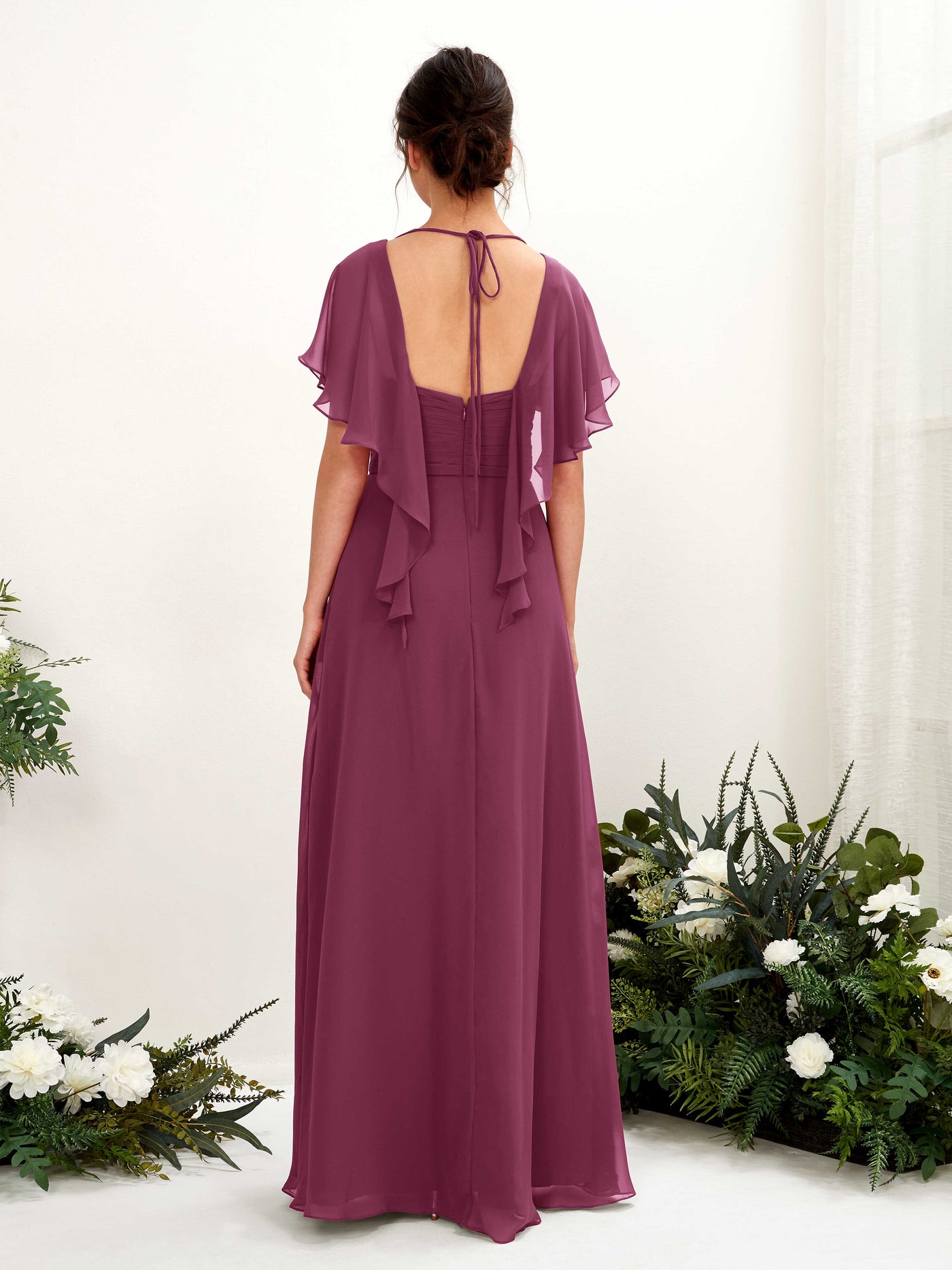 Carlyna Vestido línea A escote en V manga con vuelo vestidos de dama de honor Chianti #color_chianti