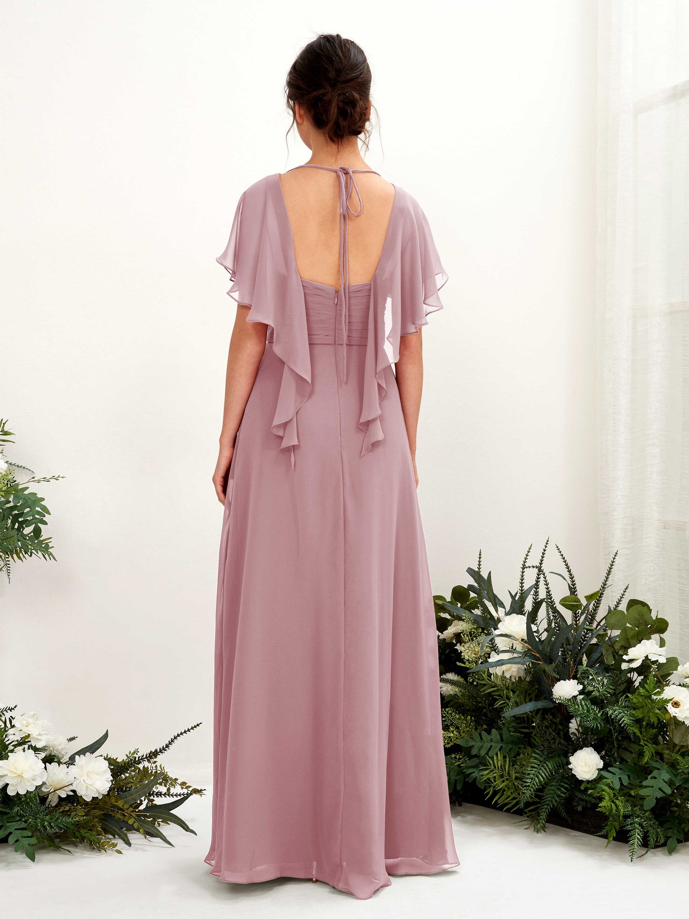 Carlyna Vestido línea A escote en V manga con vuelo vestidos de dama de honor Malva Clásico #color_malva-cl-sico