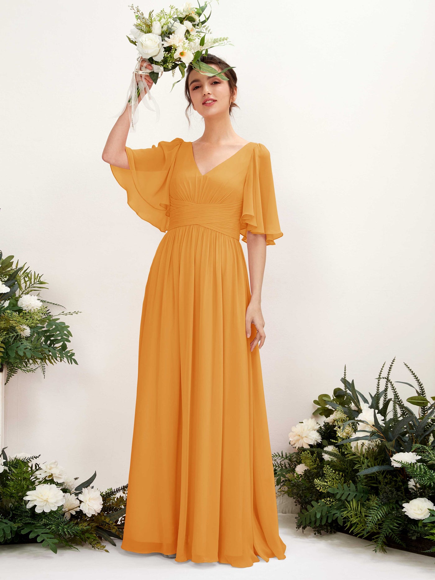 Carlyna Vestido Línea A escote en V manga corta hasta el suelo de gasa Mango #color_mango