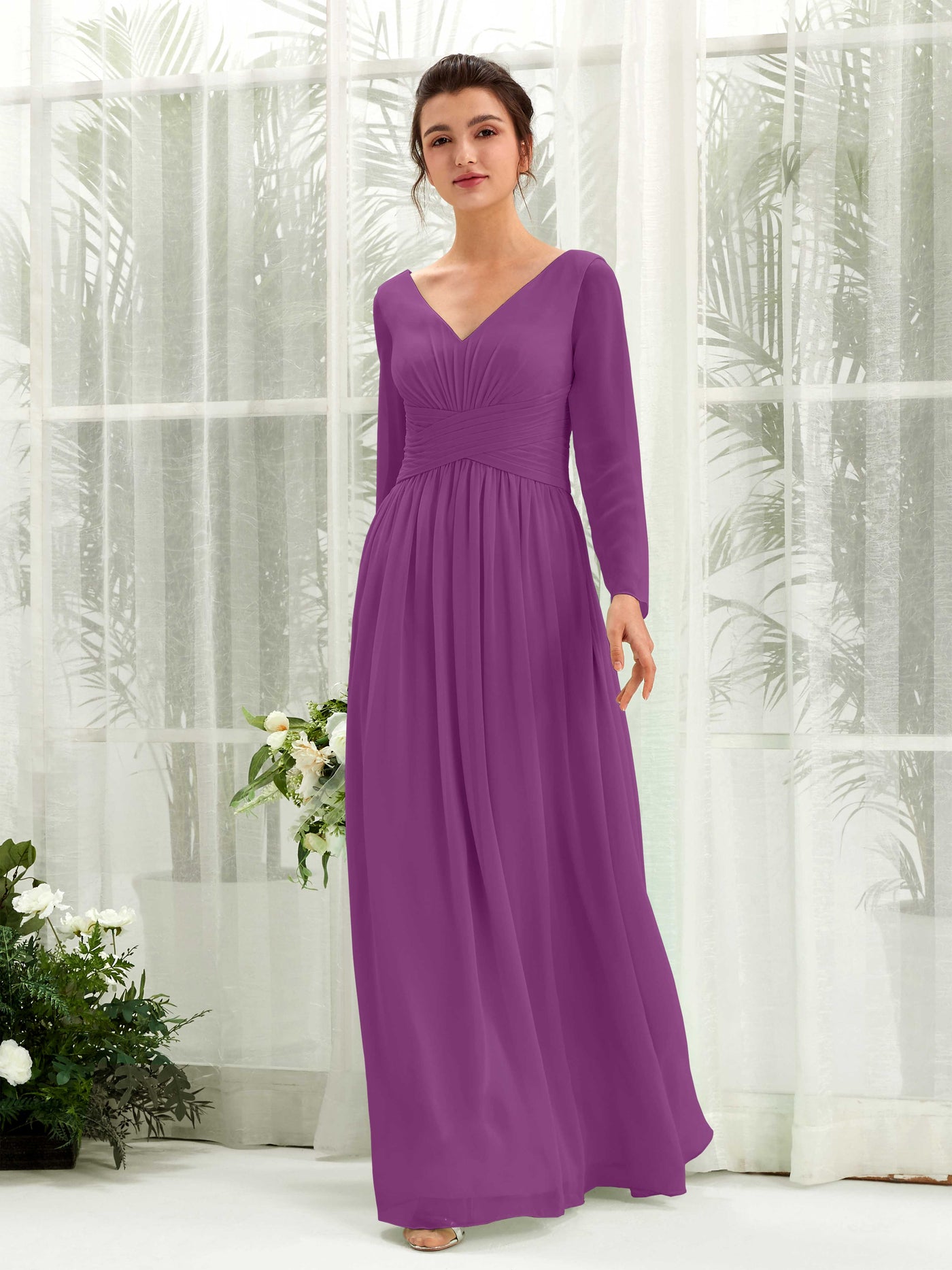 Carlyna Vestido línea A Escote en V Manga larga hasta el suelo dama de honor Púrpura #color_p-rpura
