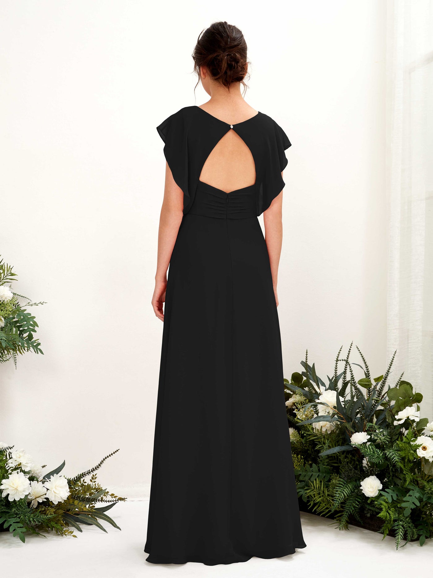 Carlyna Vestido línea A escote en V mangas con vuelo hasta el suelo dama de honor Negro #color_negro