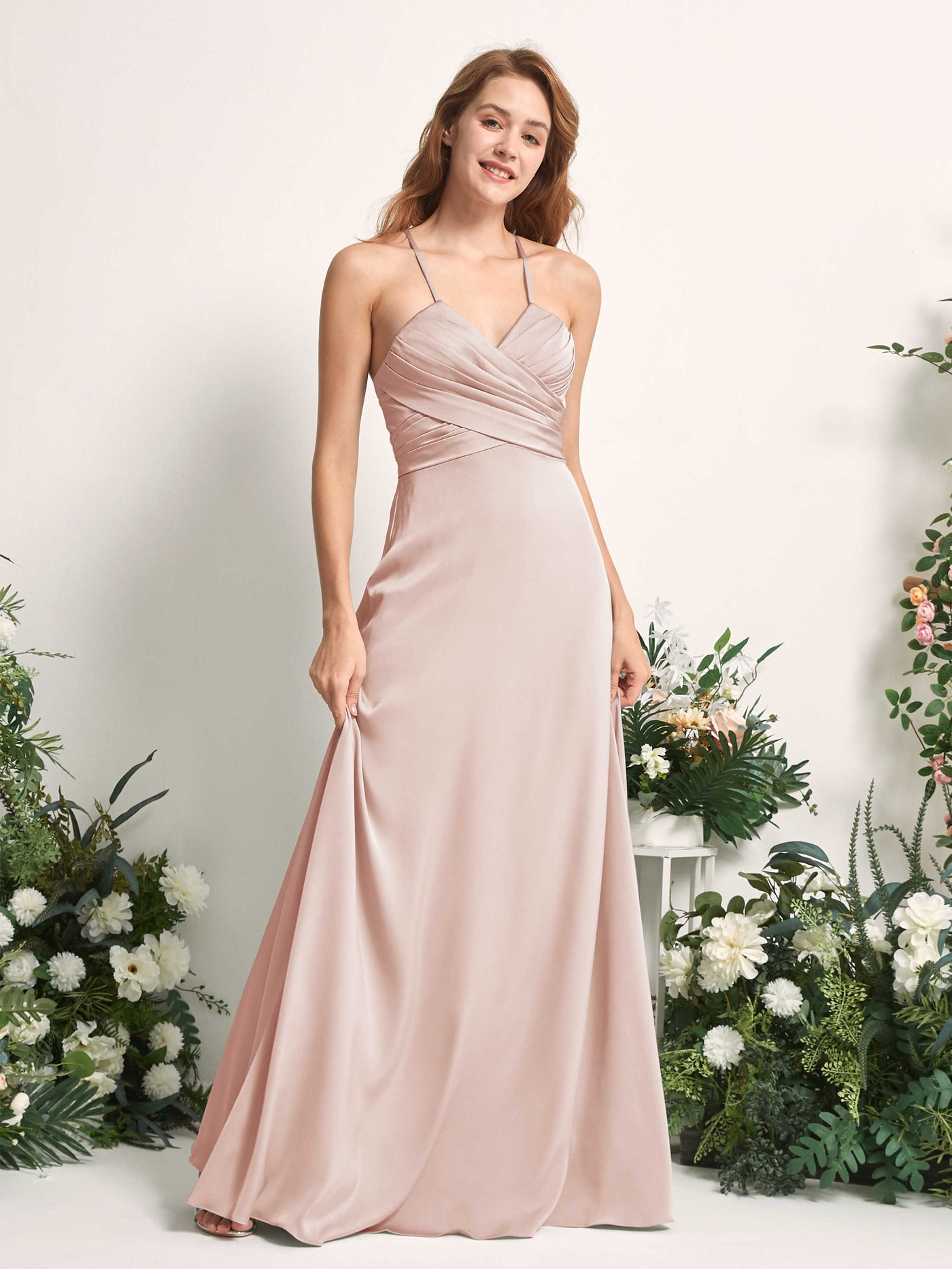 Carlyna Vestido línea A escote en V satén dama de honor Rosa Perla #color_rosa-perla