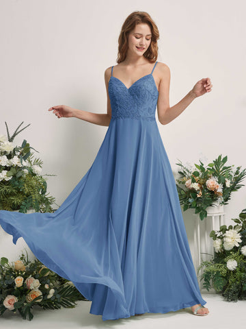 Carlyna Vestido línea A Escote en V Tirantes finos Hasta el suelo Dama de honor Azul polvoriento #color_azul-polvoriento