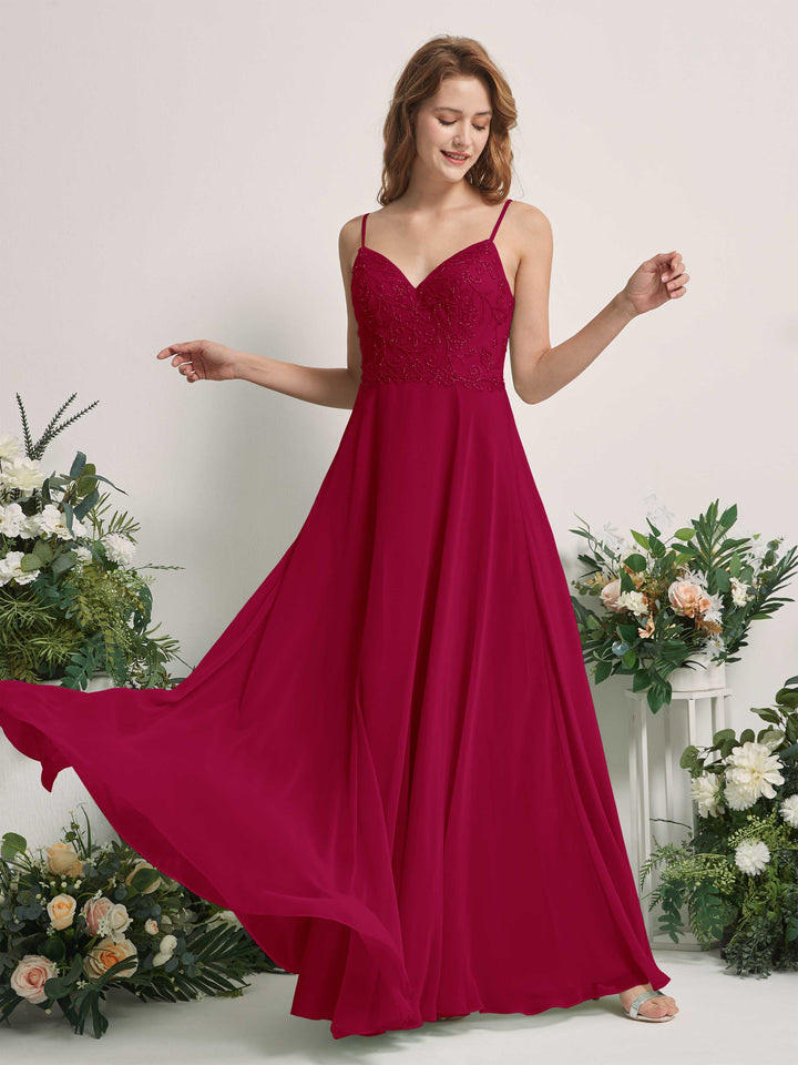 Carlyna Vestido línea A Escote en V Tirantes finos Hasta el suelo Dama de honor Rojo Bufón 