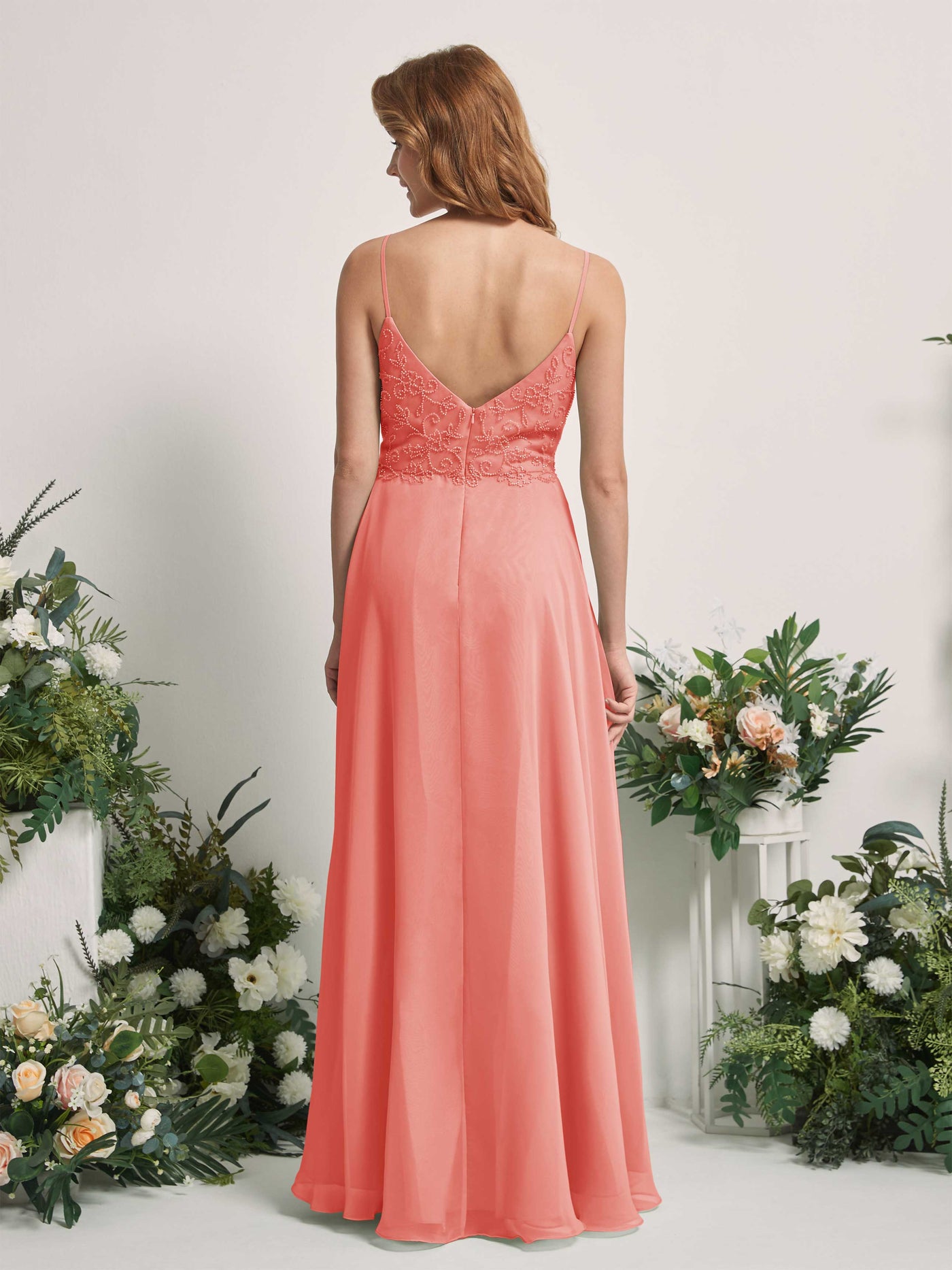 Carlyna Vestido línea A Escote en V Tirantes finos Hasta el suelo Dama de honor Rosa Melocotón #color_rosa-melocot-n