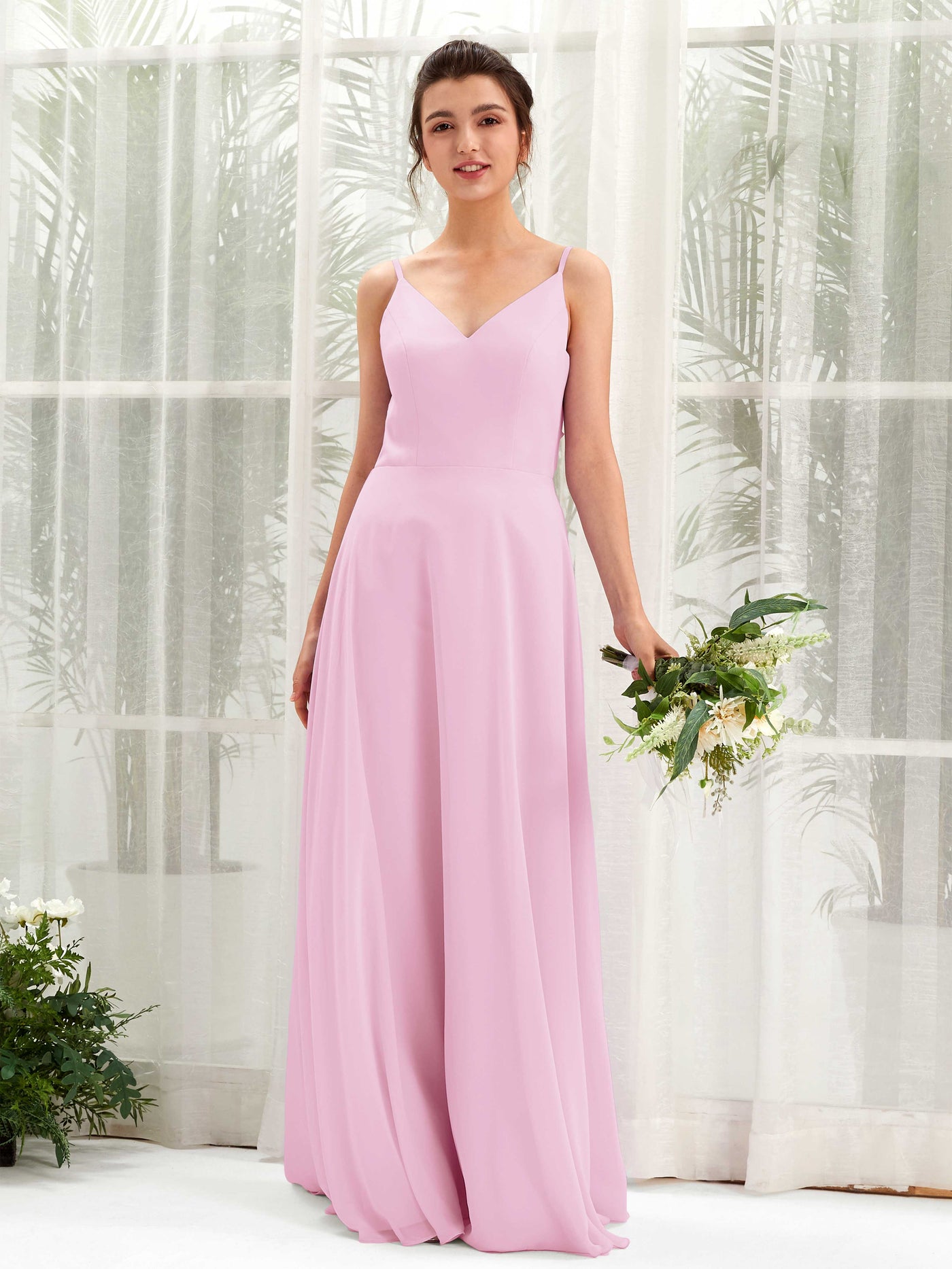 Carlyna Vestido línea A escote en V tirantes finos vestido dama de honor Rosa Caramelo #color_rosa-caramelo
