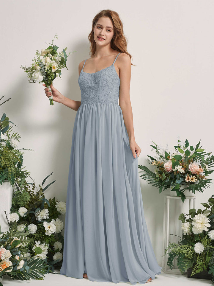 Carlyna Vestido línea A escote redondo hasta el suelo gasa dama de honor Azul Empolvado Mejorado 