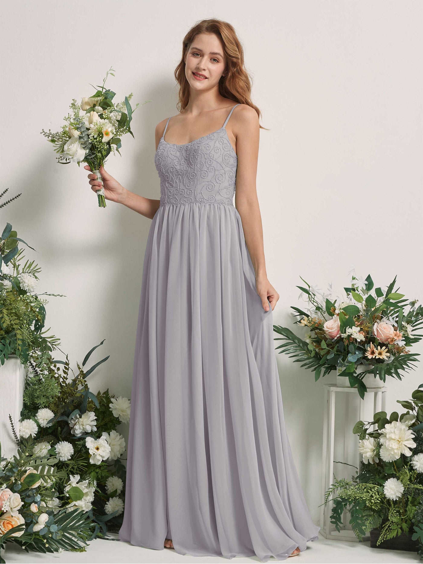 Carlyna Vestido línea A escote redondo hasta el suelo gasa dama de honor Gris Paloma #color_gris-paloma