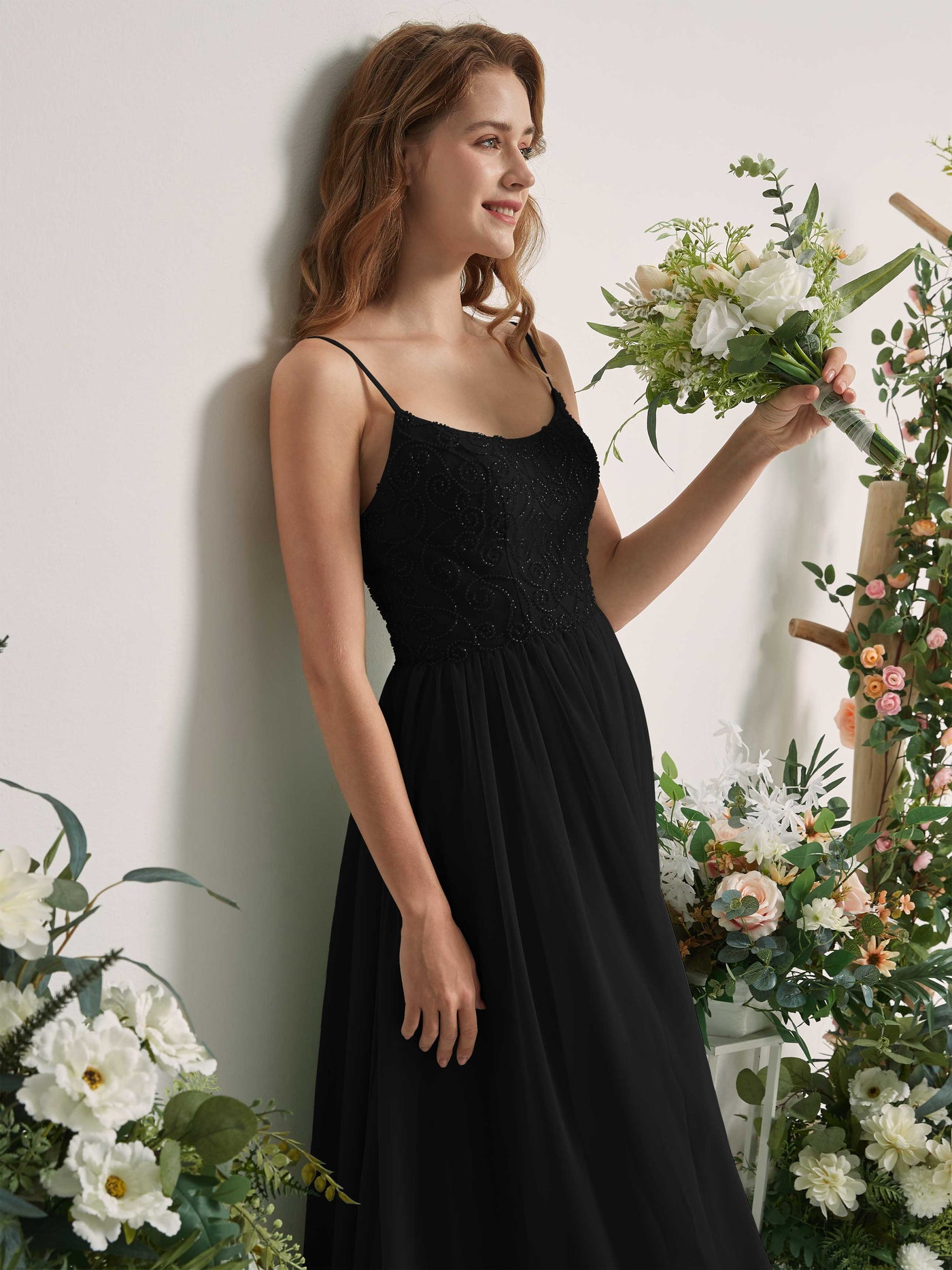 Carlyna Vestido línea A escote redondo hasta el suelo gasa dama de honor Negro #color_negro