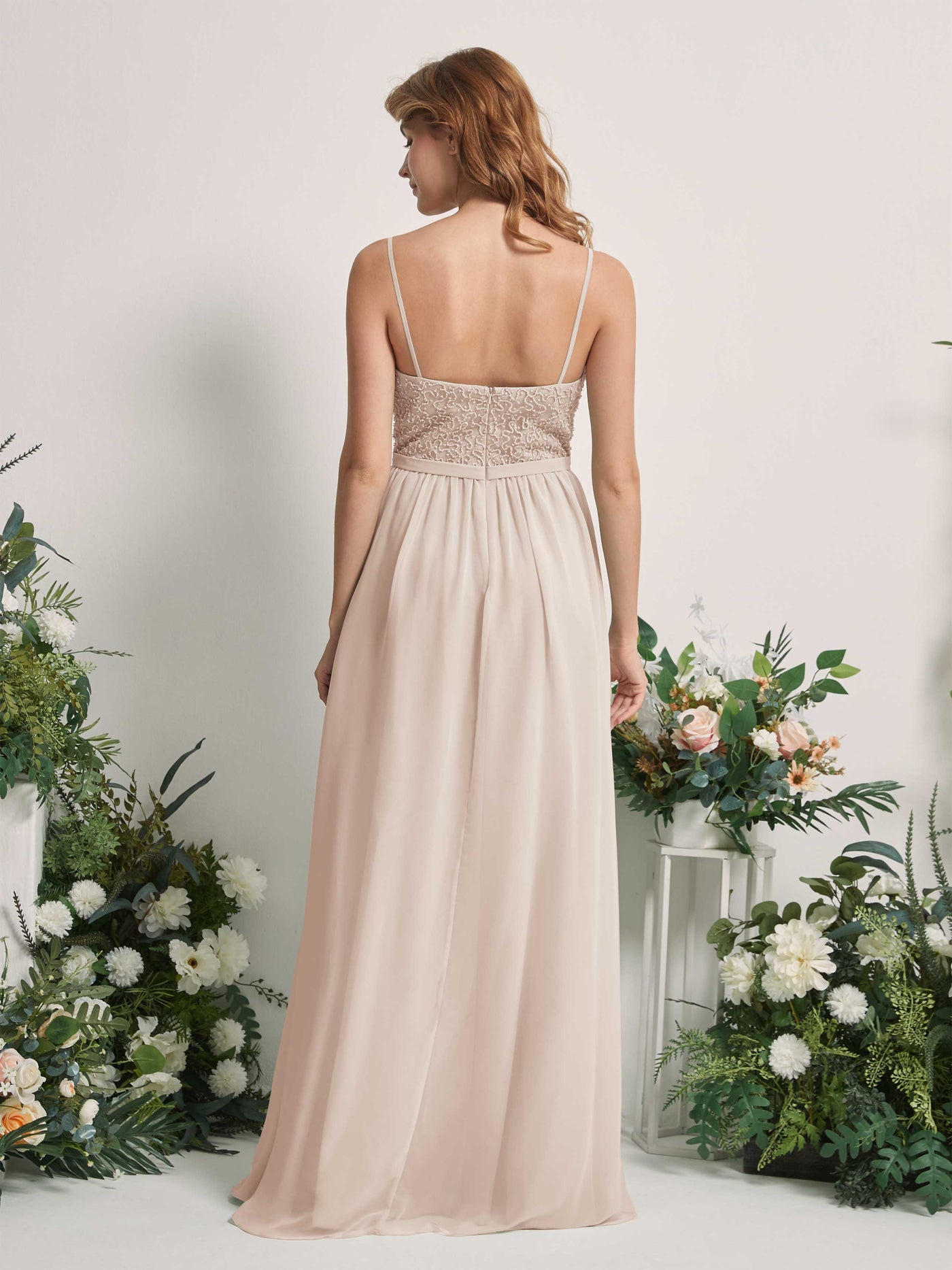 Carlyna Vestido Línea A Escote redondo Largo Gasa Vestidos de dama de honor Champán #color_champ-n