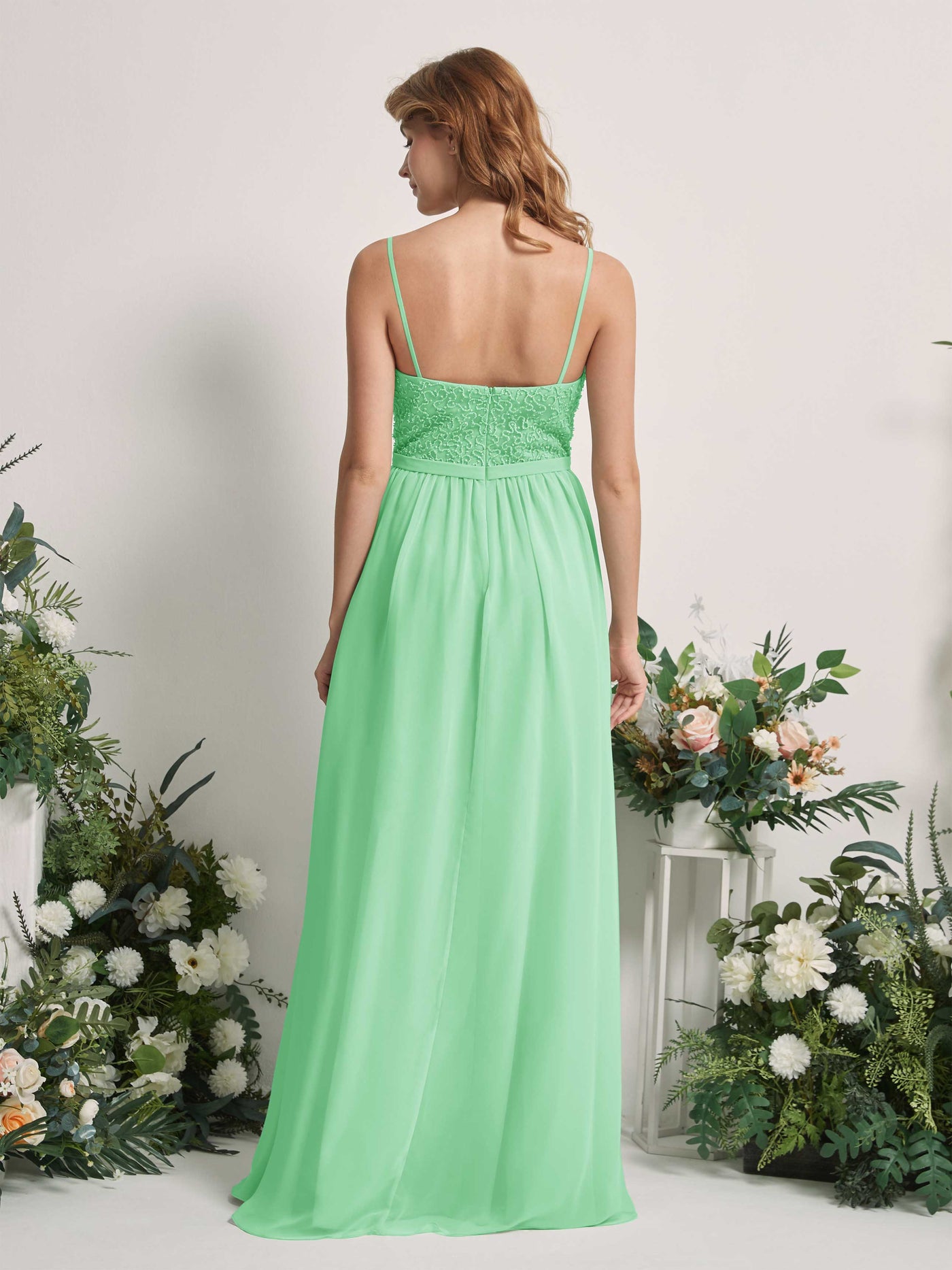 Carlyna Vestido Línea A Escote redondo Largo Gasa Vestidos de dama de honor Verde Menta #color_verde-menta