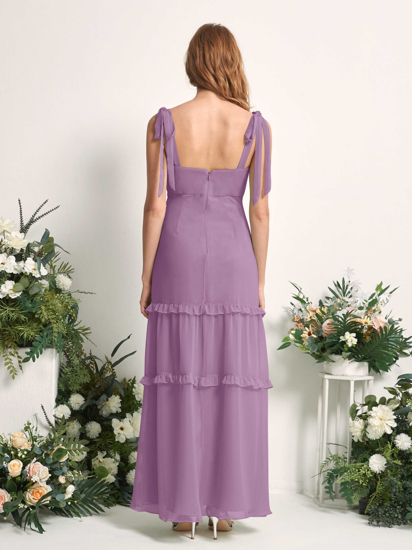 Carlyna Vestido Línea A Hasta el Suelo Escote Derecho Volantes Gasa dama de honor Niebla Orquídea #color_niebla-orqu-dea