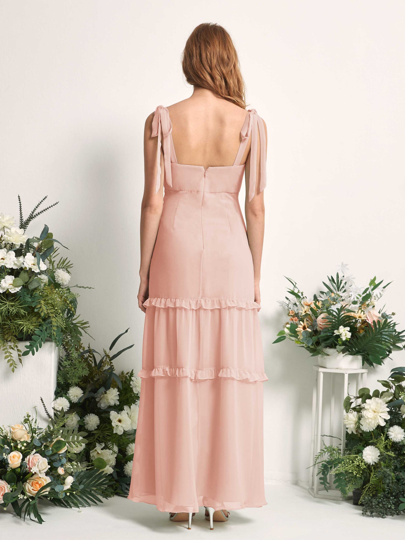 Carlyna Vestido Línea A Hasta el Suelo Escote Derecho Volantes Gasa dama de honor Rosa Perla #color_rosa-perla