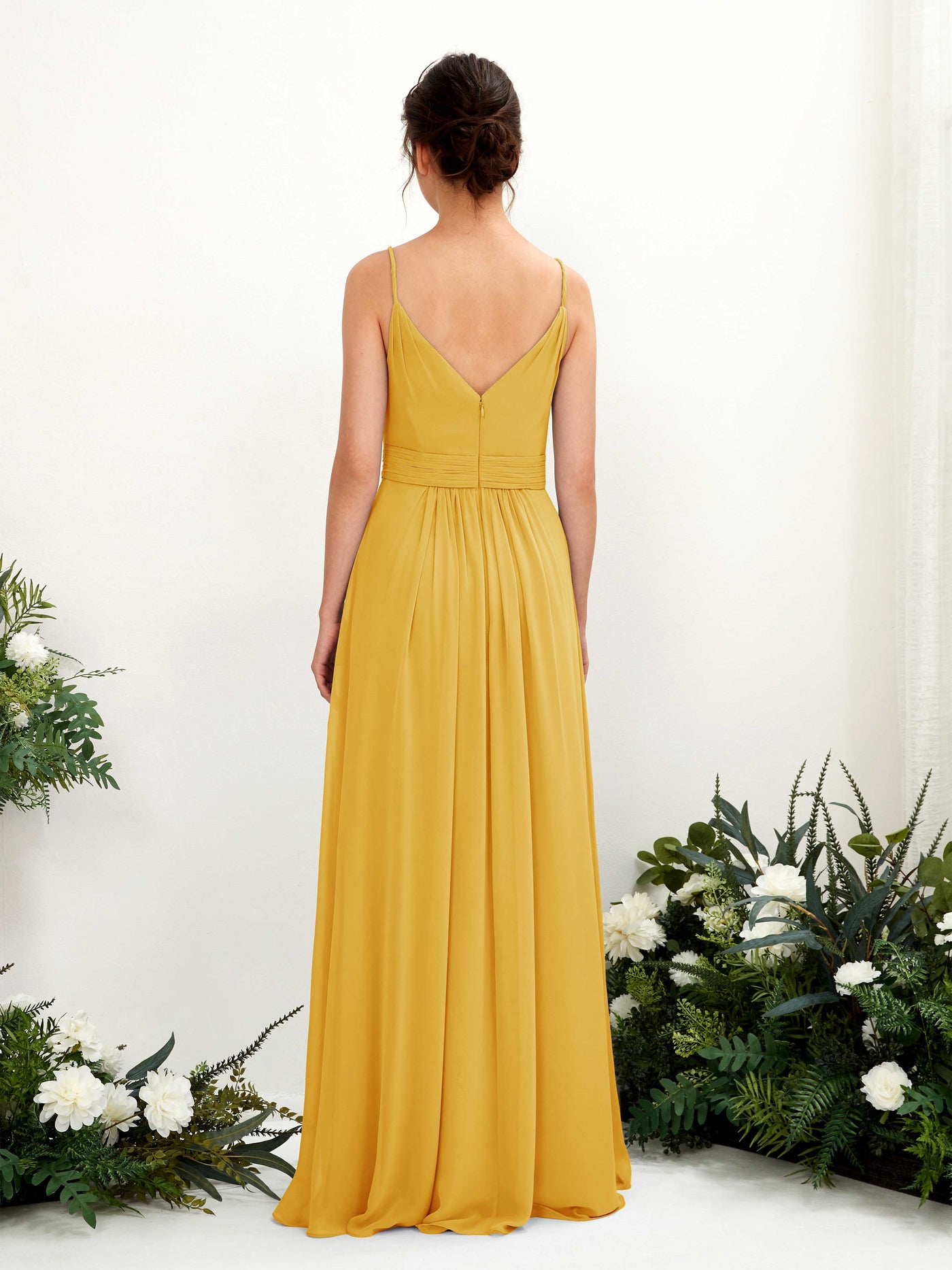 Carlyna Vestido Línea A Hasta el suelo Escote en V Gasa Amarillo Mostaza #color_amarillo-mostaza