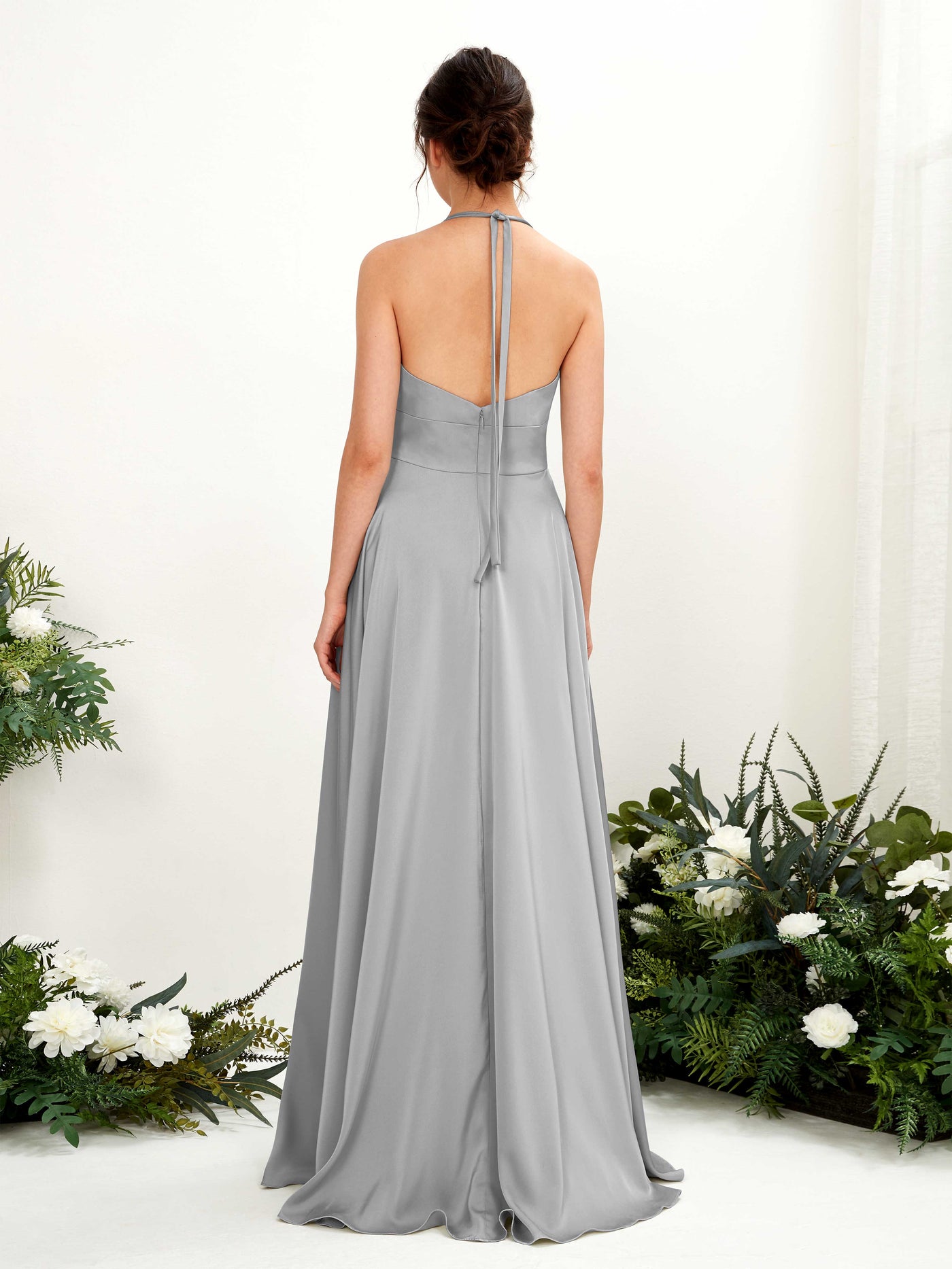 Carlyna Vestido Línea A Hasta el suelo Satén Cuello halter Dama de honor Gris Paloma #color_gris-paloma