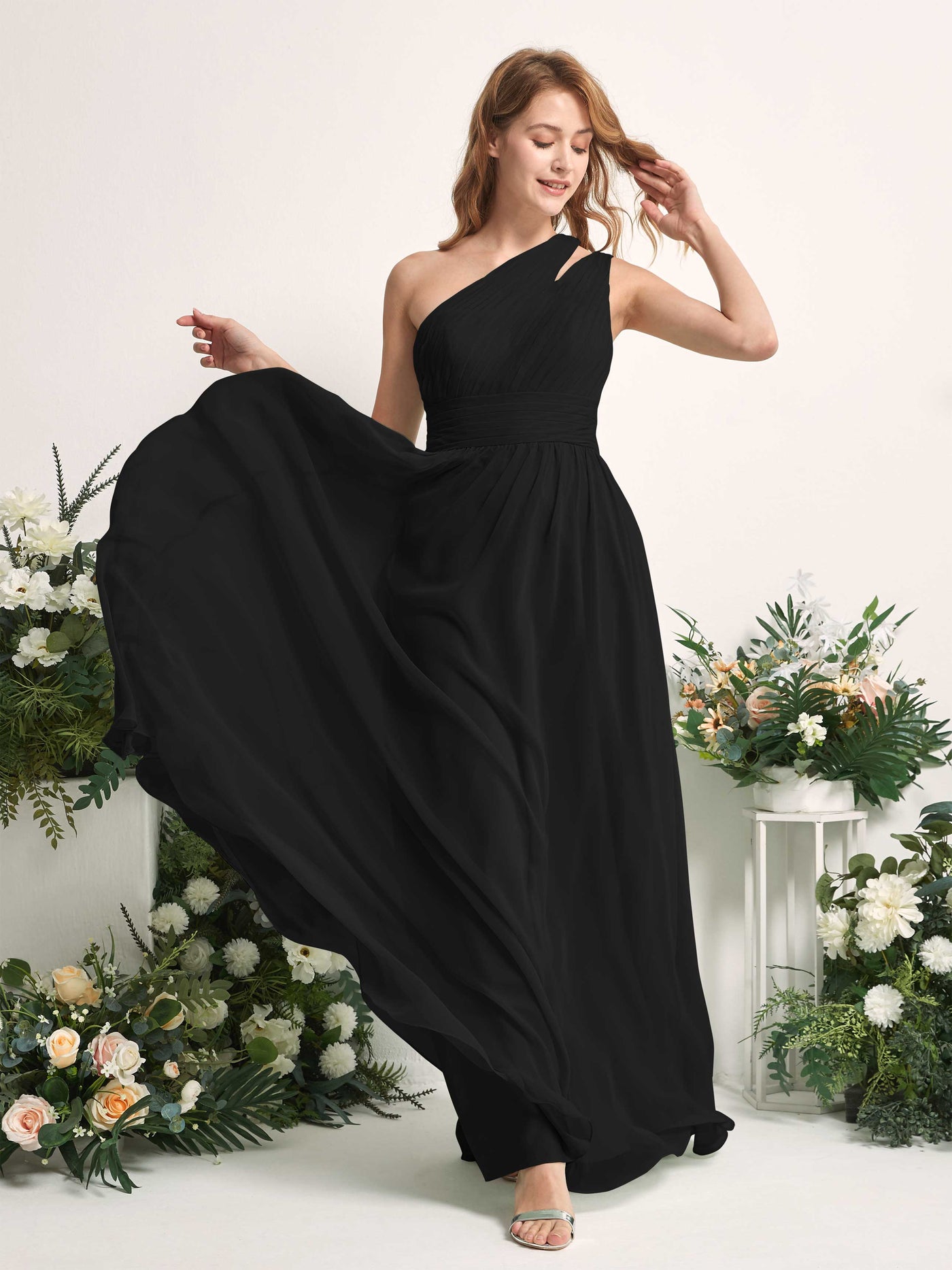 Carlyna Vestido Línea A Hasta el suelo Un Hombre Gasa Dama de honor Negro #color_negro