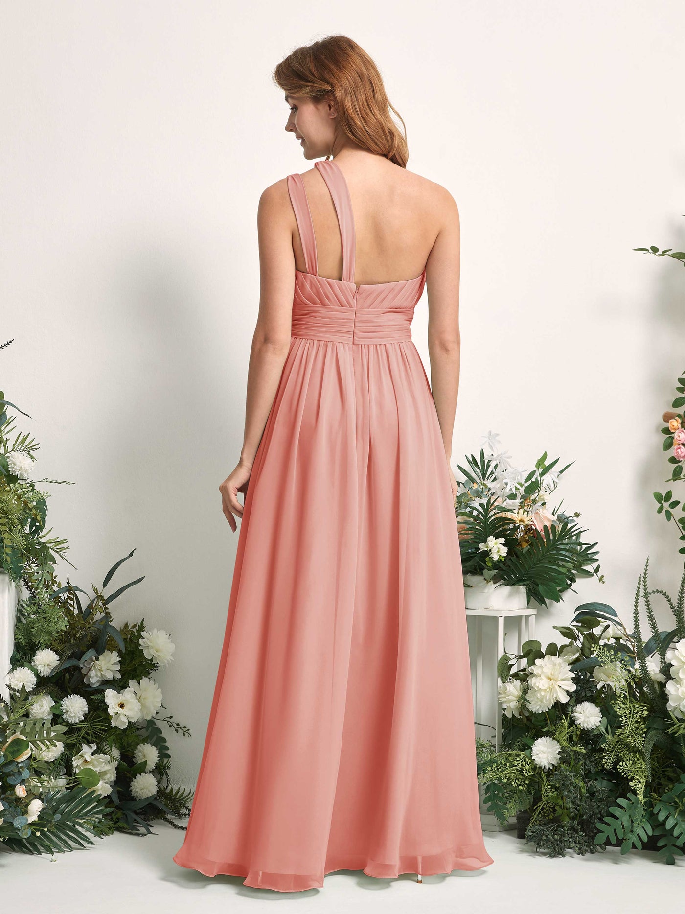 Carlyna Vestido Línea A Hasta el suelo Un Hombre Gasa Dama de honor Rosa Champán #color_rosa-champ-n