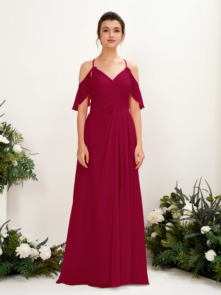Carlyna Vestido Línea A Hombros Caídos Hasta el suelo Vestidos de dama de honor Rojo Bufón 