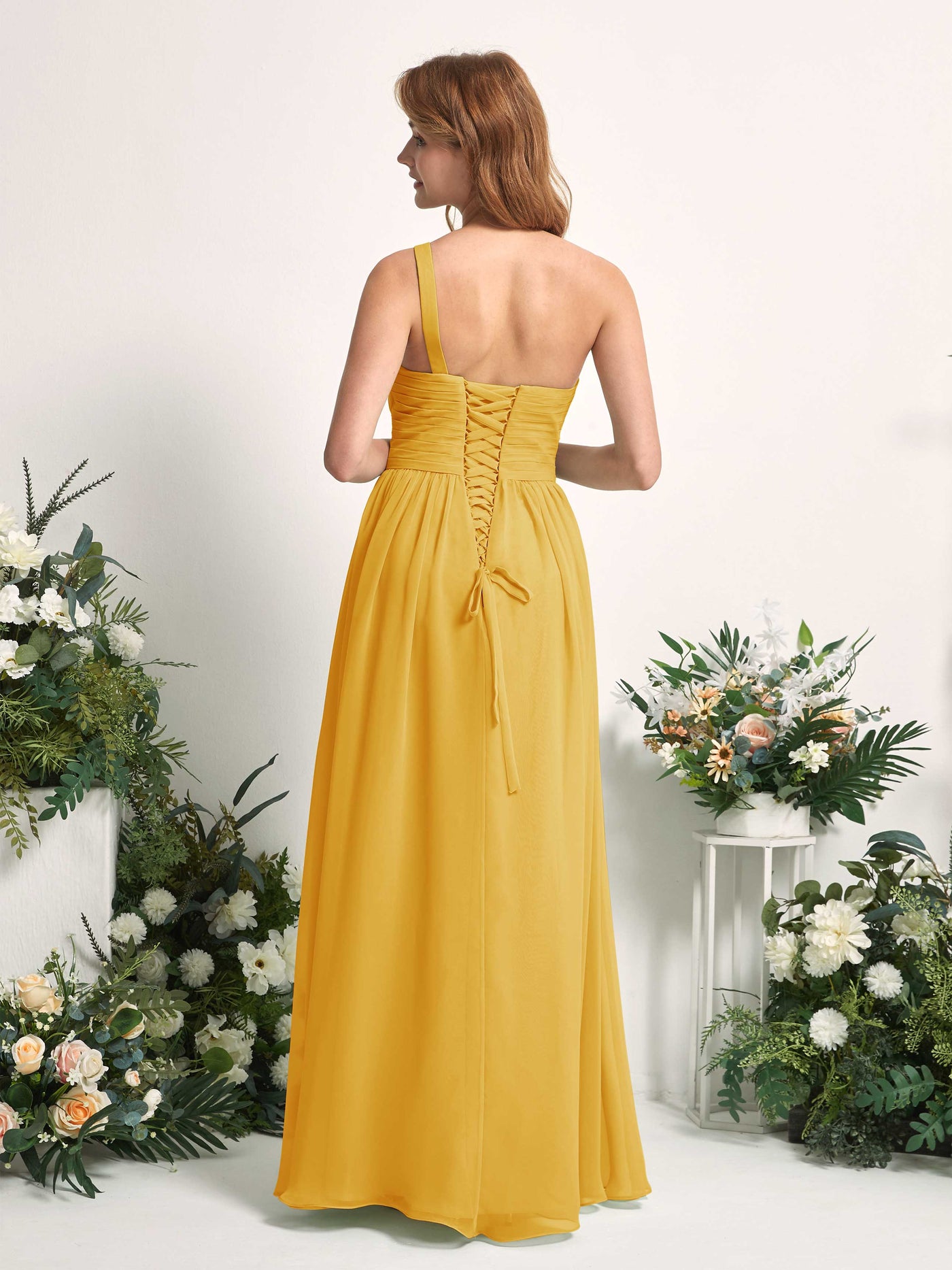 Carlyna Vestido Línea A Un Hombre Hasta el suelo Gasa Dama de honor Amarillo Mostaza #color_amarillo-mostaza